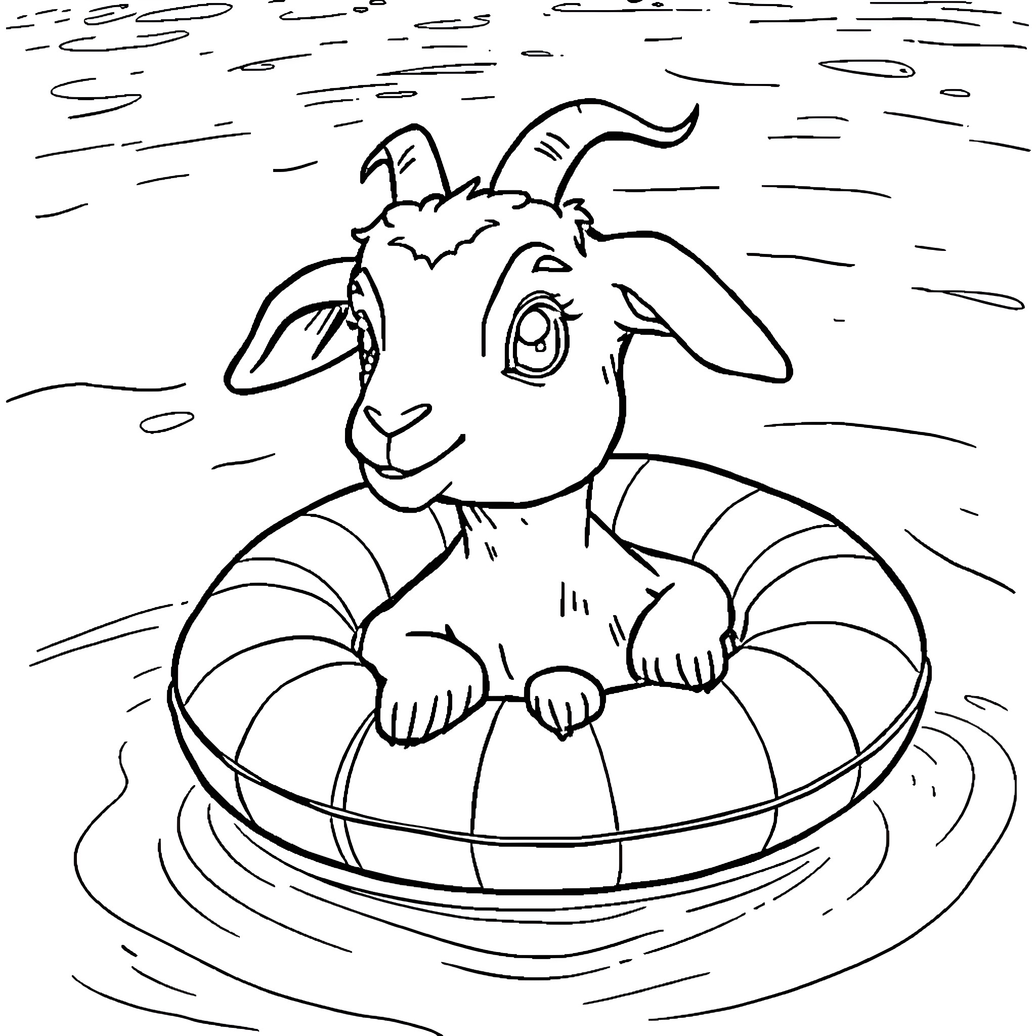 Goat relaxing in a life preserver ring Coloring Page (free black-and-white line drawing printable PDF for all, from beginners to advanced learners, including children, teens, adults, and seniors)