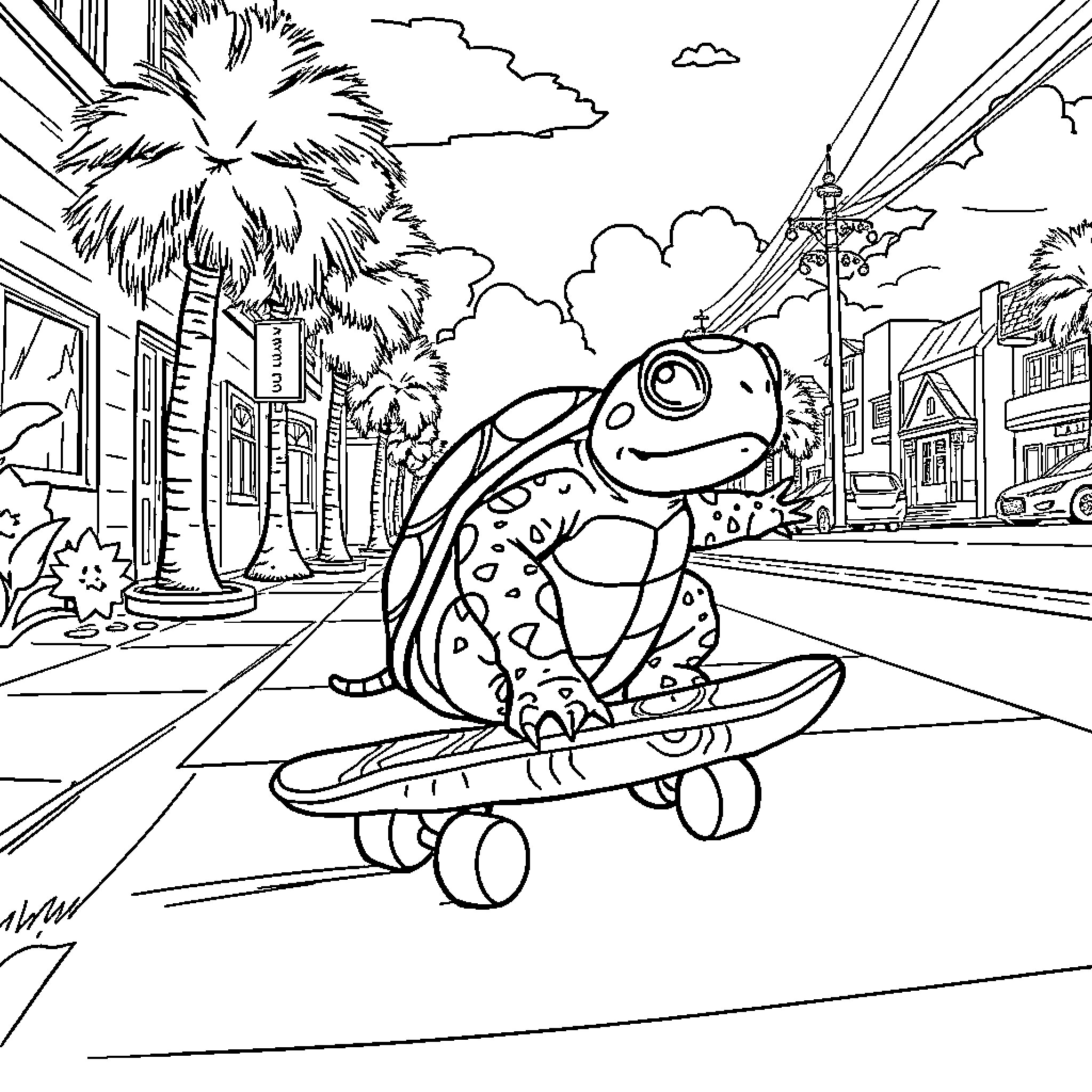Terrapin riding skateboard through city street Coloring Page (free black-and-white line drawing printable PDF for all, from beginners to advanced learners, including children, teens, adults, and seniors)