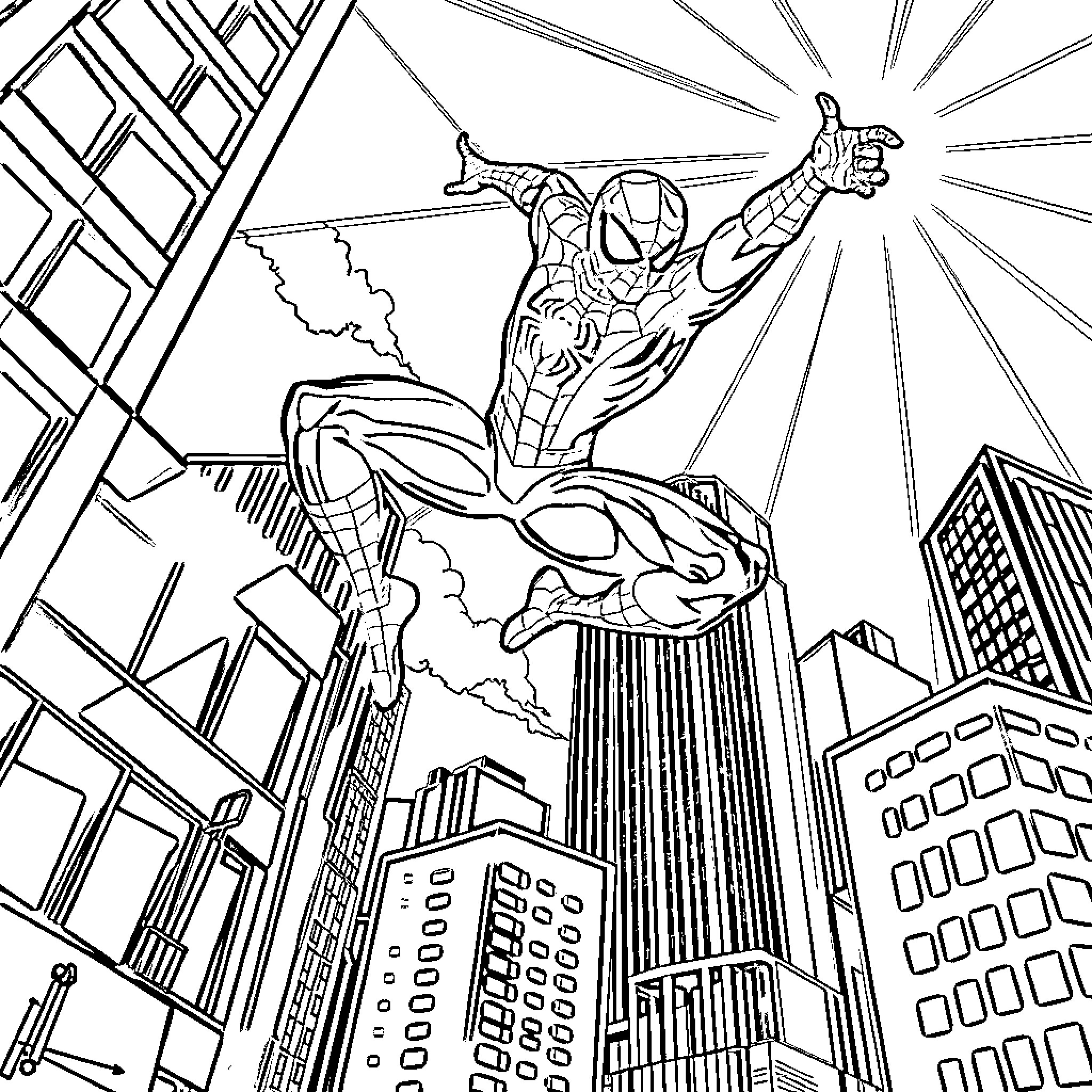Spiderman swinging through the city on web Coloring Page (free black-and-white line drawing printable PDF for all, from beginners to advanced learners, including children, teens, adults, and seniors)