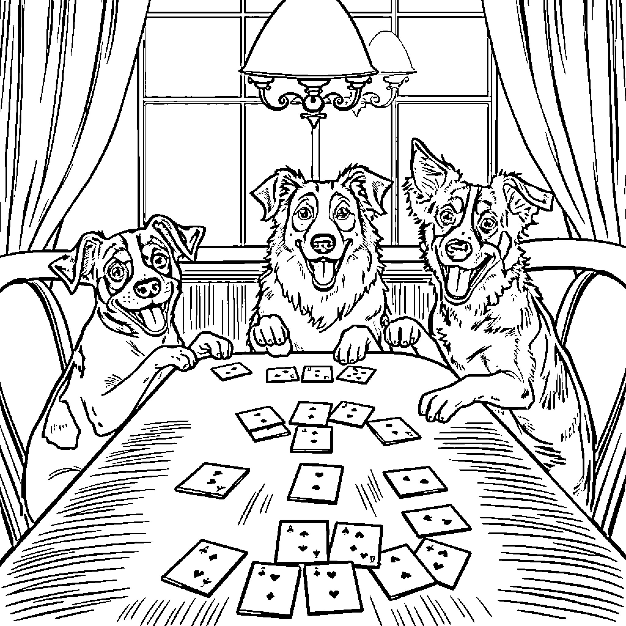 Dogs Playing Cards in Cozy Room Coloring Page (free black-and-white line drawing printable PDF for all, from beginners to advanced learners, including children, teens, adults, and seniors)