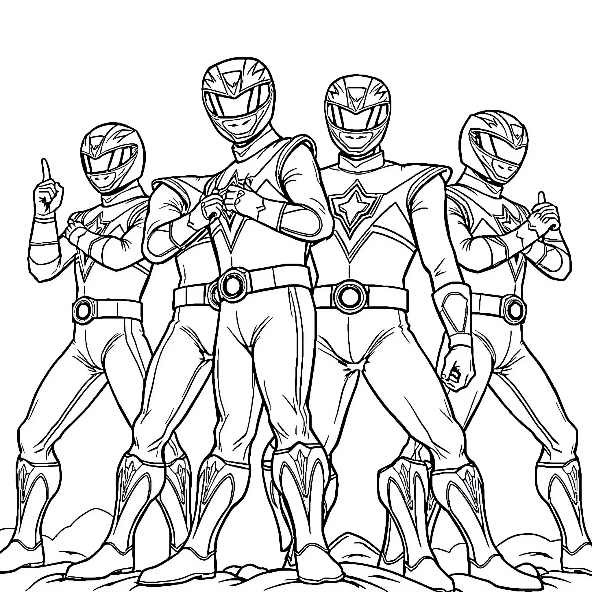 Power Rangers Posing in Action Outfits Coloring Page (free black-and-white line drawing printable PDF for all, from beginners to advanced learners, including children, teens, adults, and seniors)