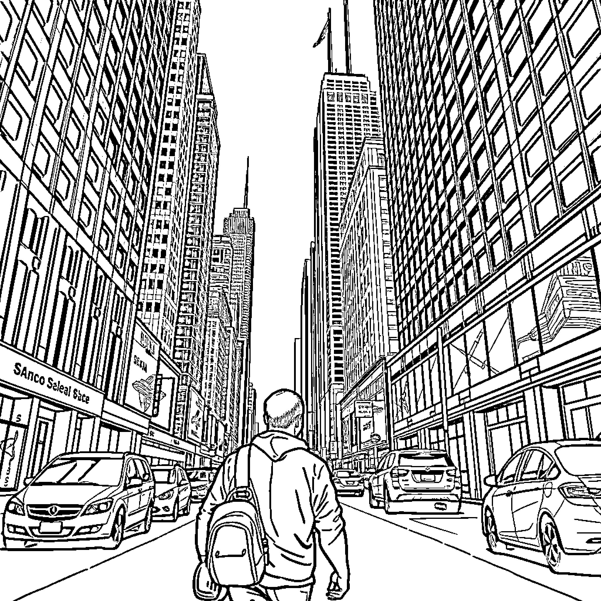 Man walking amidst skyscrapers in city street Coloring Page (free black-and-white line drawing printable PDF for all, from beginners to advanced learners, including children, teens, adults, and seniors)