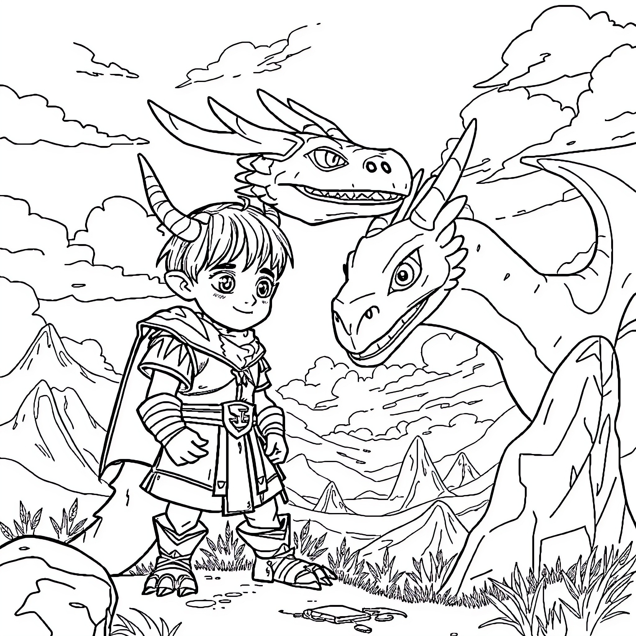 Dragon and boy exploring the magical landscape Coloring Page (free black-and-white line drawing printable PDF for all, from beginners to advanced learners, including children, teens, adults, and seniors)
