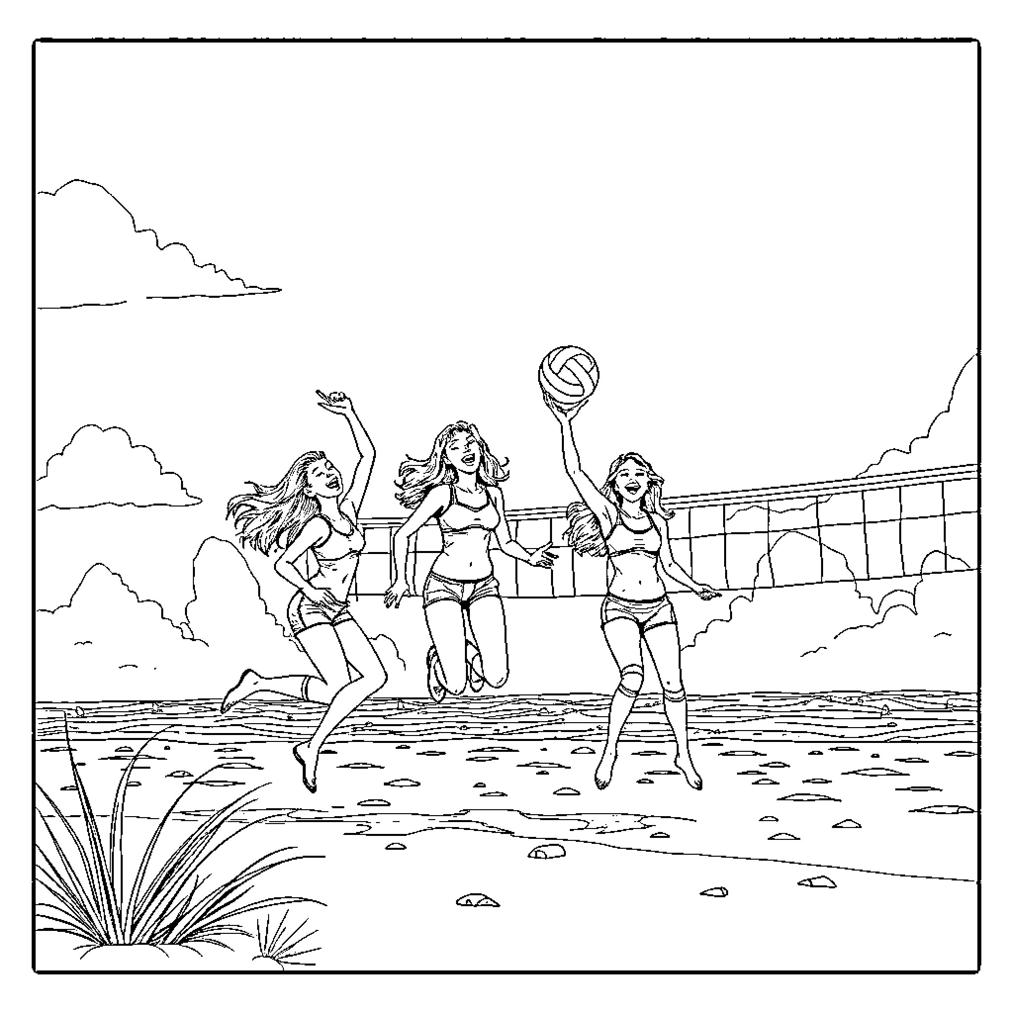 Girls playing volleyball on the beach Coloring Page (free black-and-white line drawing printable PDF for all, from beginners to advanced learners, including children, teens, adults, and seniors)