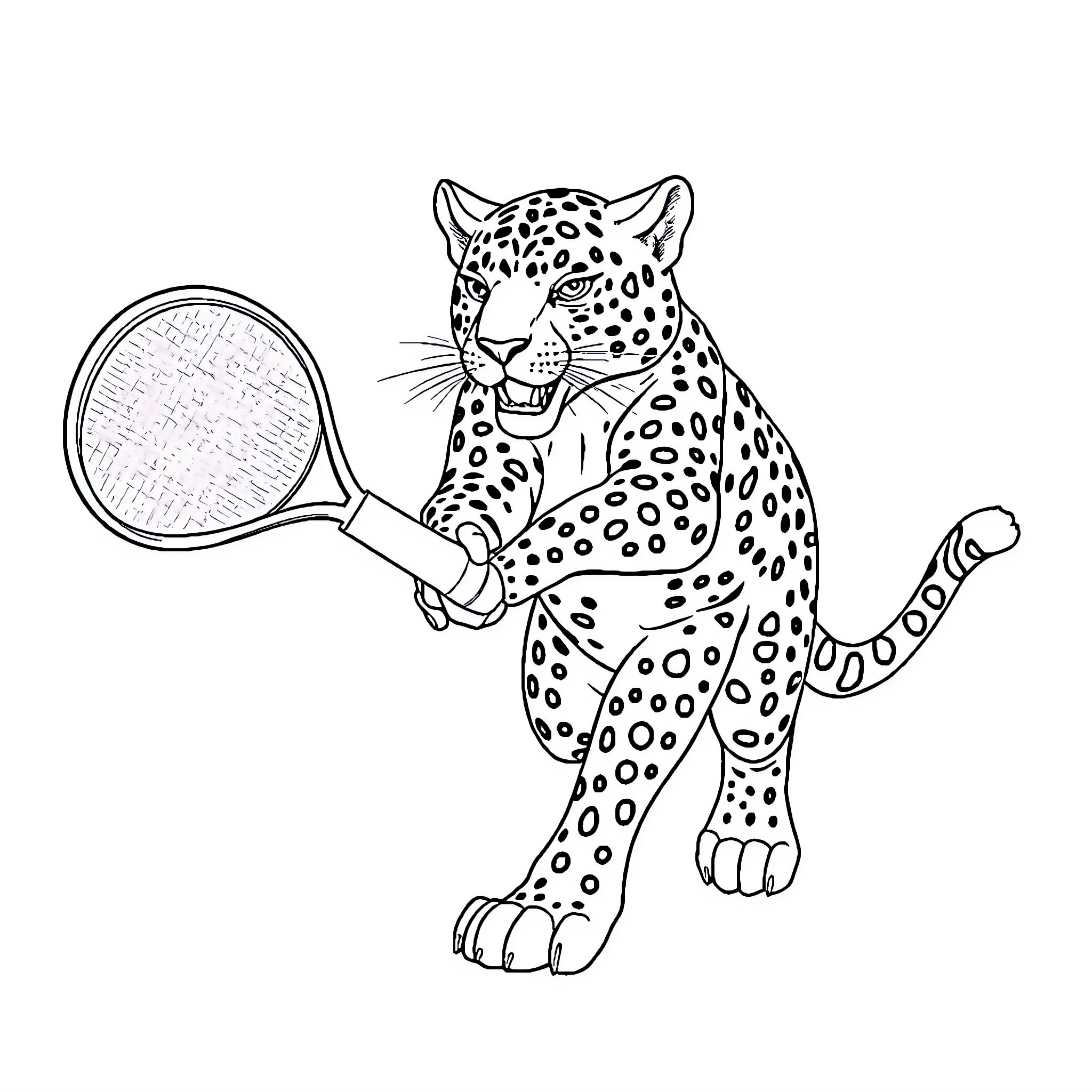 Jaguar playing with a tennis racket Coloring Page (free black-and-white line drawing printable PDF for all, from beginners to advanced learners, including children, teens, adults, and seniors)