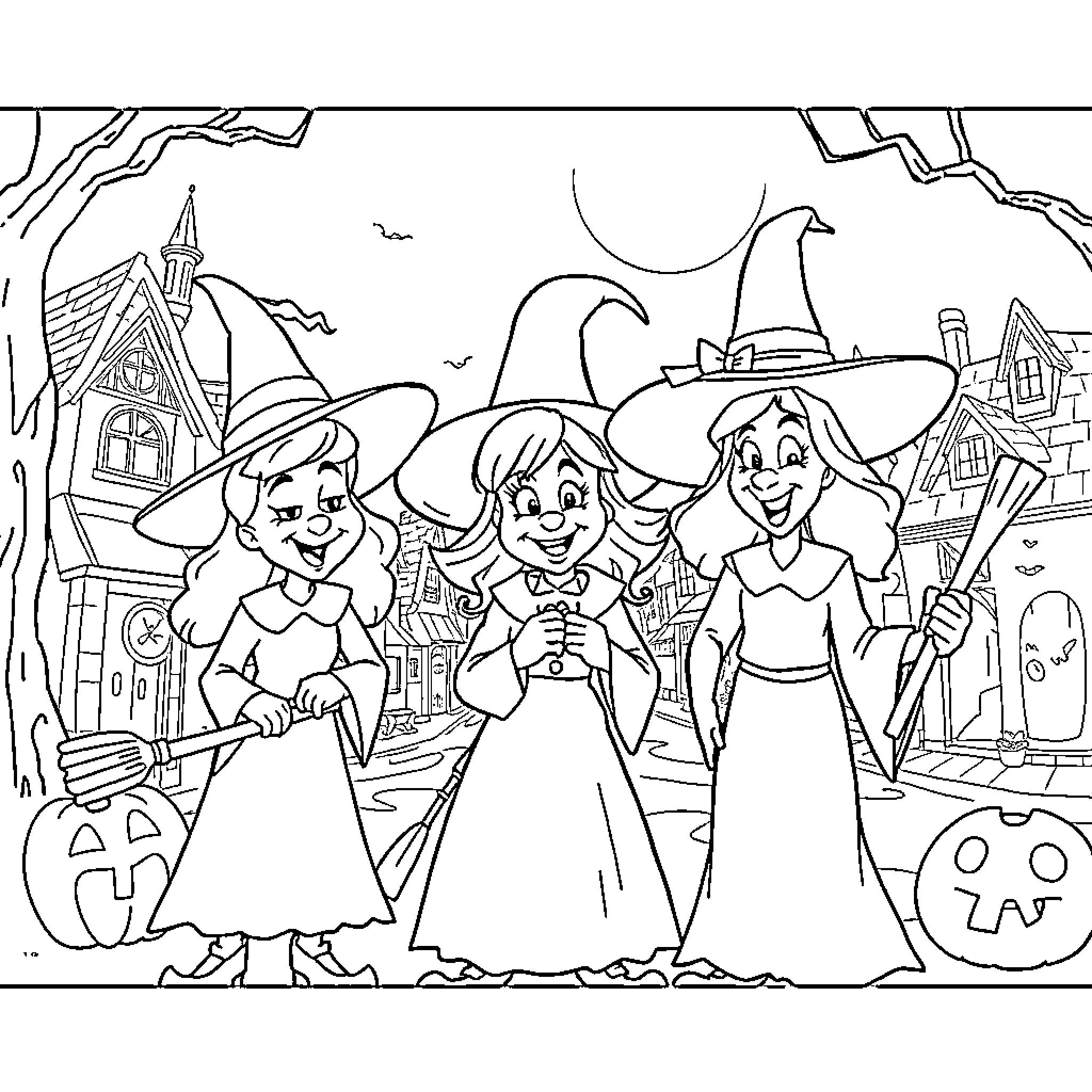 Hocus Pocus: Witches Celebrating Halloween in Spooky Town Coloring Page (free black-and-white line drawing printable PDF for all, from beginners to advanced learners, including children, teens, adults, and seniors)