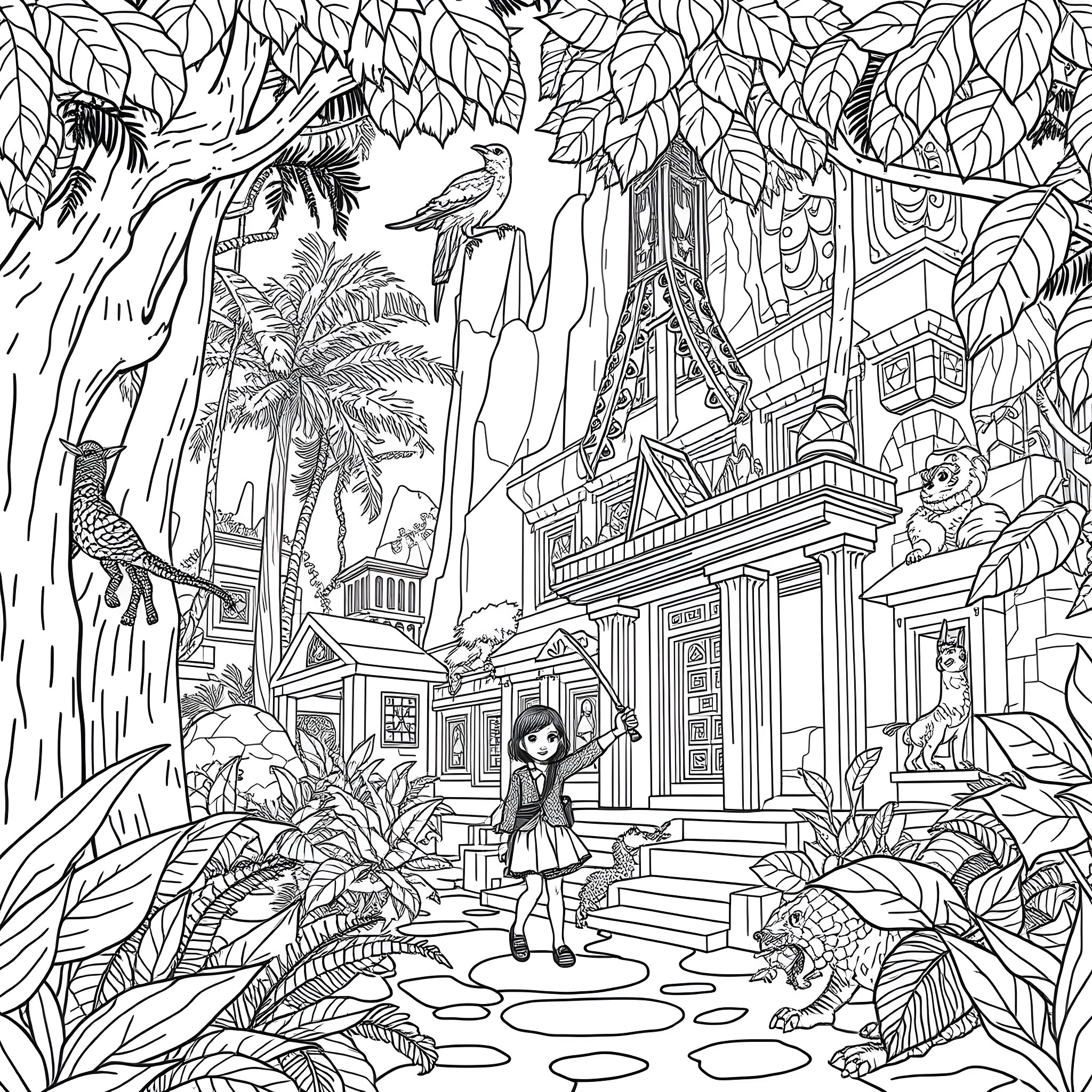 Girl exploring a fantastical jungle landscape with architecture Coloring Page (free black-and-white line drawing printable PDF for all, from beginners to advanced learners, including children, teens, adults, and seniors)