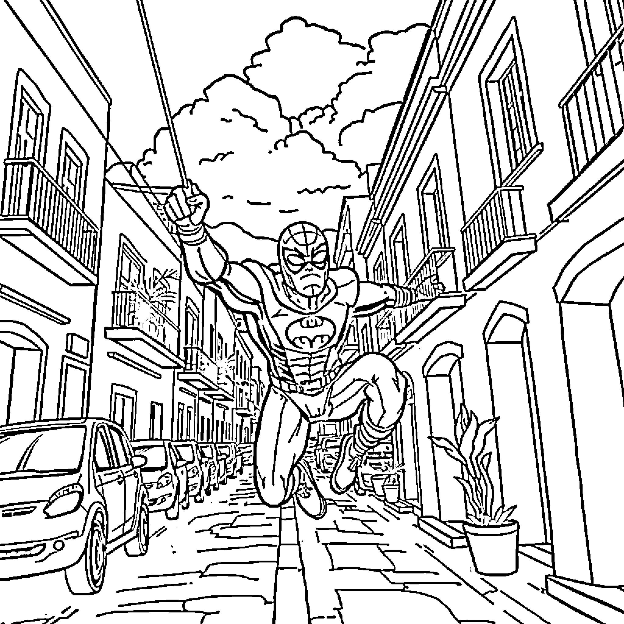 Spiterman swinging through the city streets Coloring Page (free black-and-white line drawing printable PDF for all, from beginners to advanced learners, including children, teens, adults, and seniors)