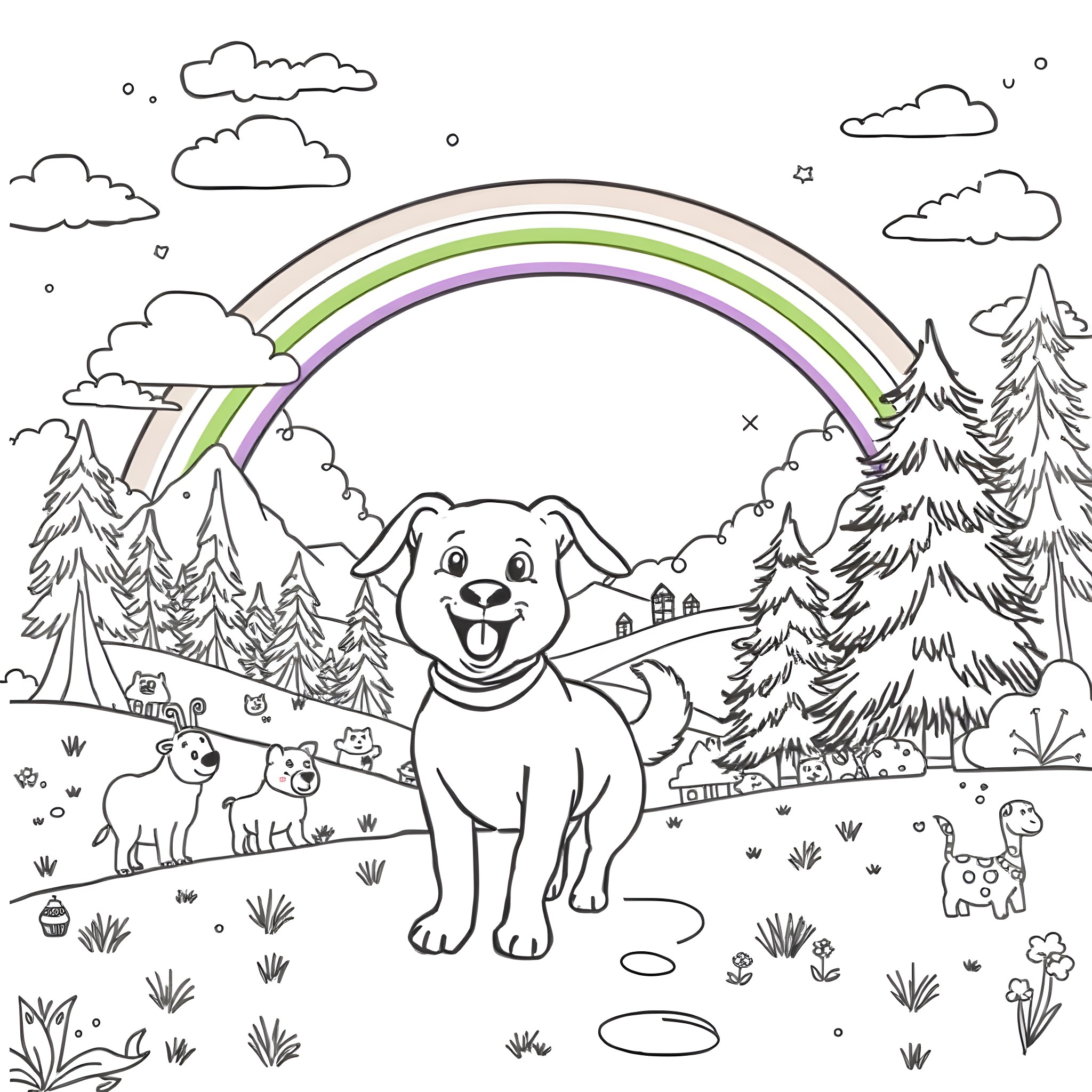 Pimpa's happy adventure in the snowy forest Coloring Page (free black-and-white line drawing printable PDF for all, from beginners to advanced learners, including children, teens, adults, and seniors)