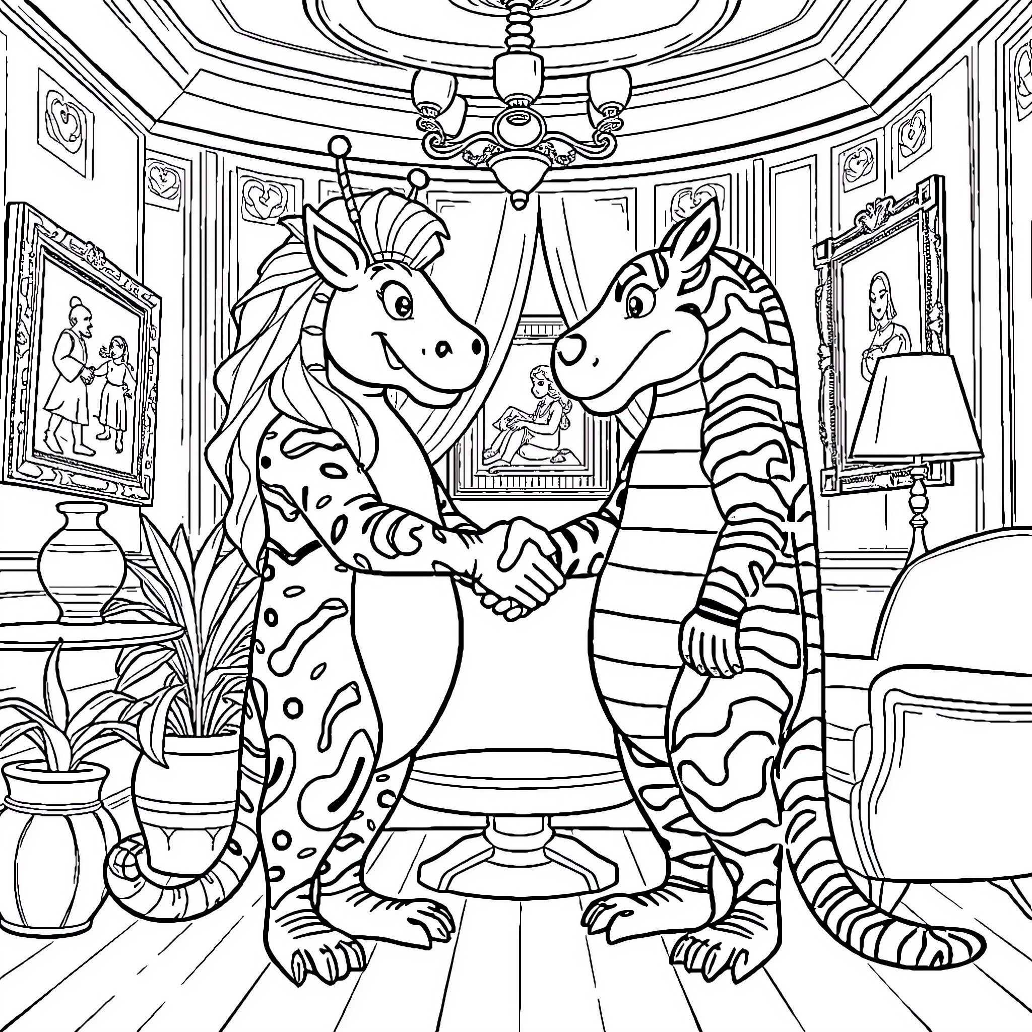 Cleopatra's Mythical Creatures in an Ornate Palace Coloring Page (free black-and-white line drawing printable PDF for all, from beginners to advanced learners, including children, teens, adults, and seniors)
