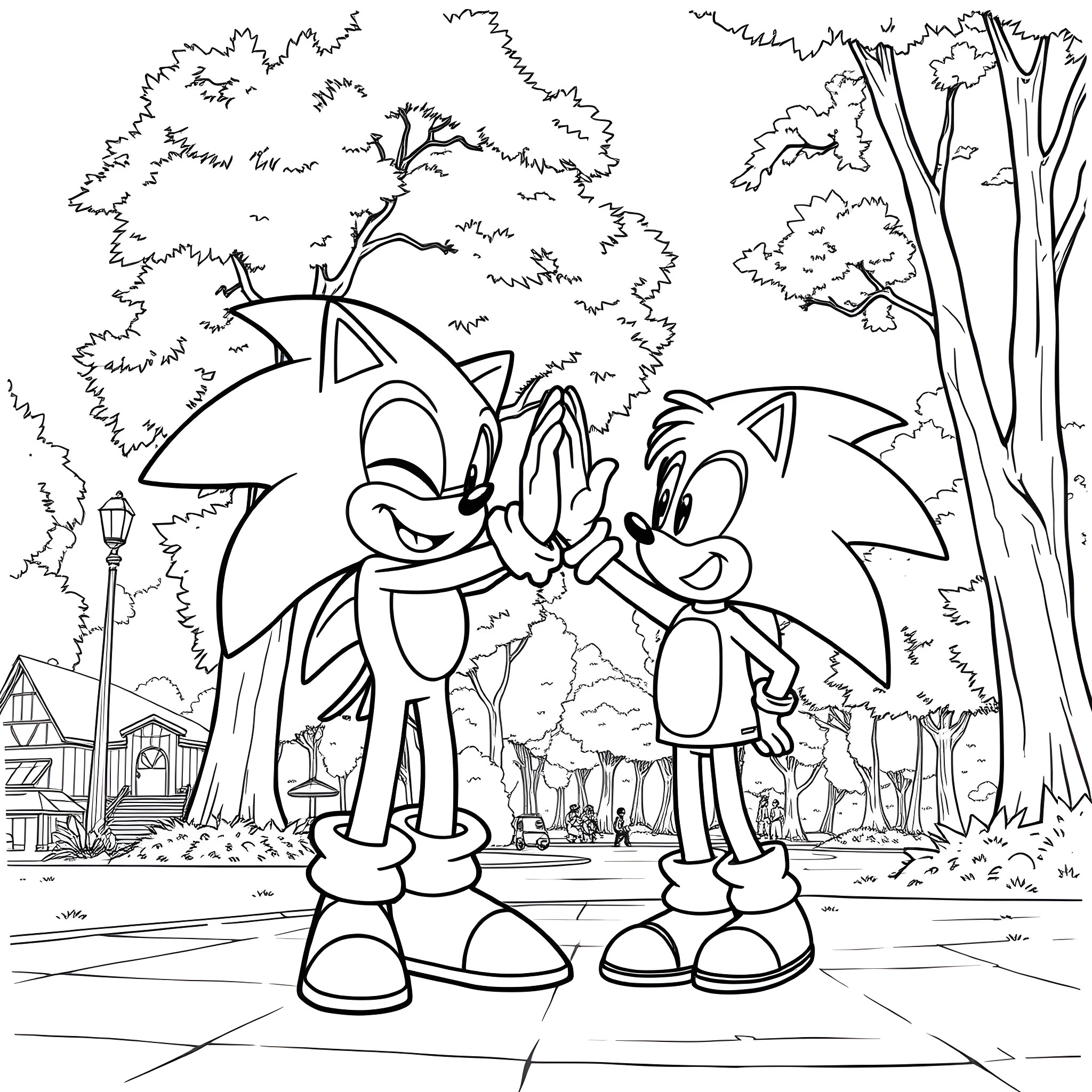 Sonic and friends in a vibrant outdoor scene Coloring Page (free black-and-white line drawing printable PDF for all, from beginners to advanced learners, including children, teens, adults, and seniors)
