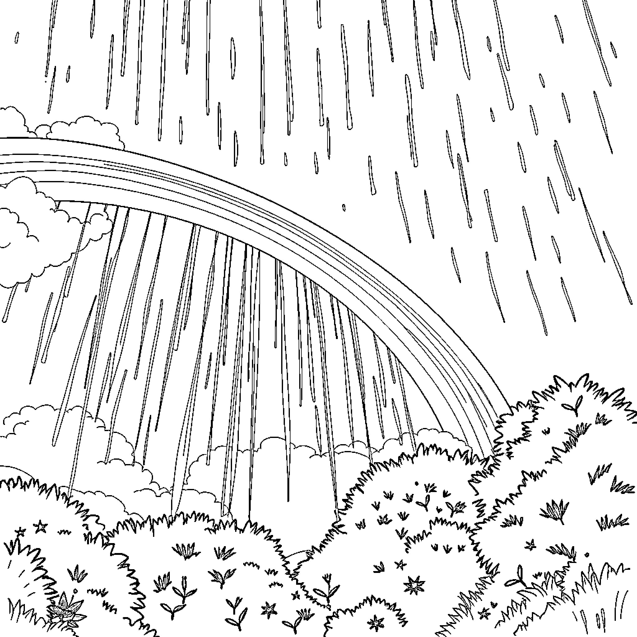 Rainbow Waterfall in Stormy Landscape Coloring Page (free black-and-white line drawing printable PDF for all, from beginners to advanced learners, including children, teens, adults, and seniors)