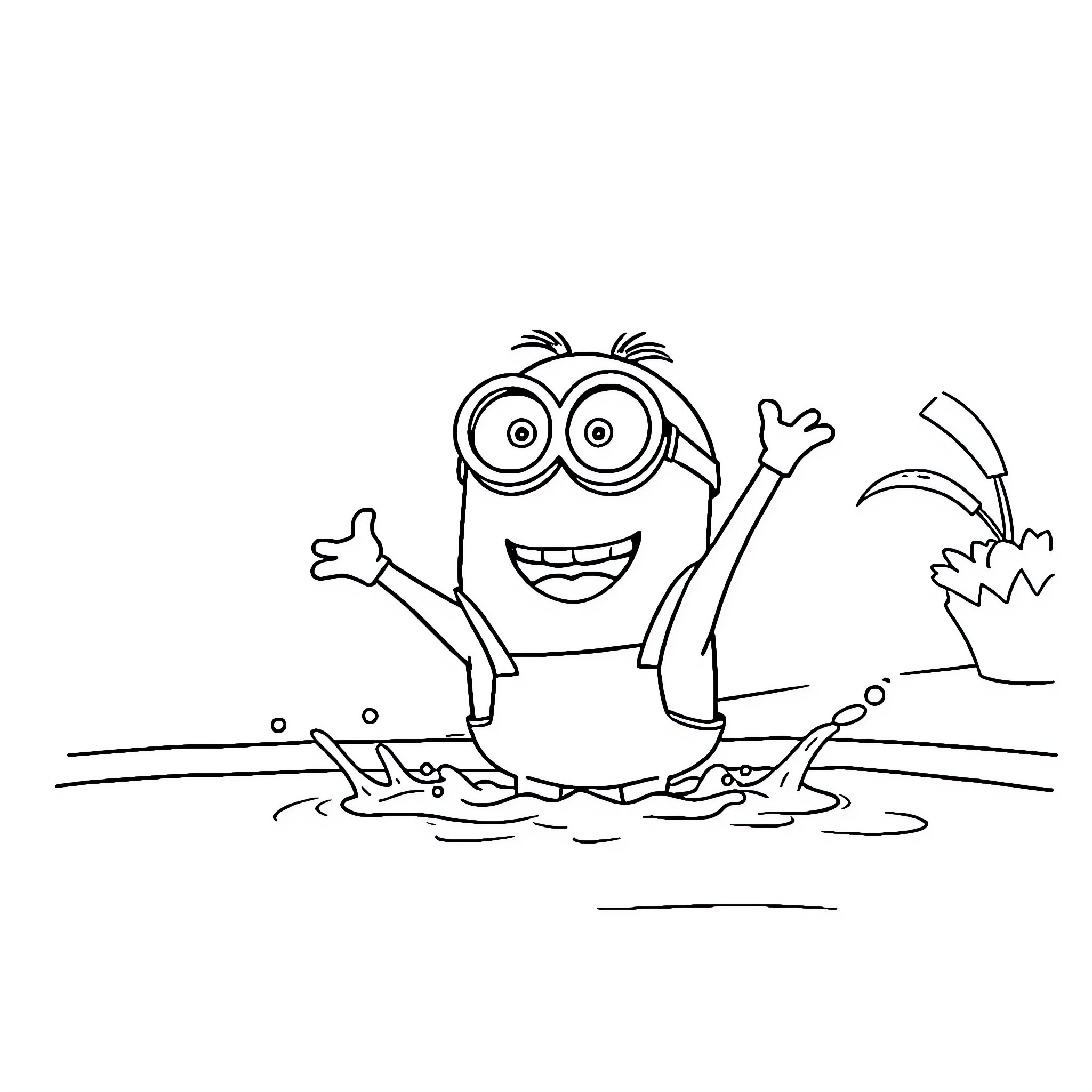 Minion playing cheerfully in a muddy puddle Coloring Page (free black-and-white line drawing printable PDF for all, from beginners to advanced learners, including children, teens, adults, and seniors)