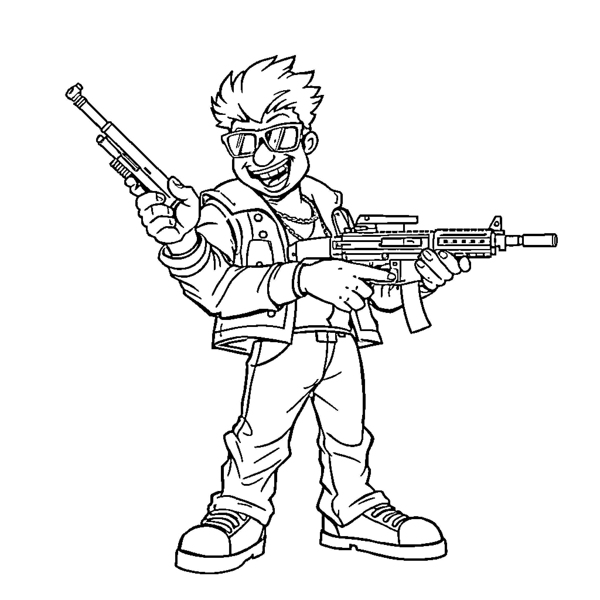 Pico the Gamer with Futuristic Weaponry Coloring Page (free black-and-white line drawing printable PDF for all, from beginners to advanced learners, including children, teens, adults, and seniors)