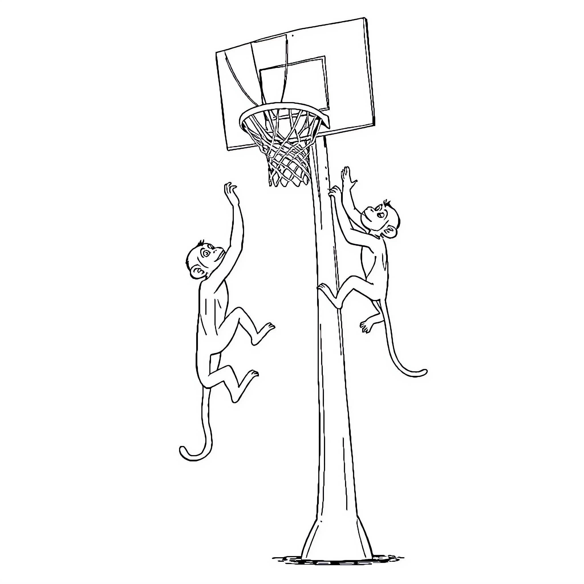 Monkeys playing basketball on a hoop Coloring Page (free black-and-white line drawing printable PDF for all, from beginners to advanced learners, including children, teens, adults, and seniors)
