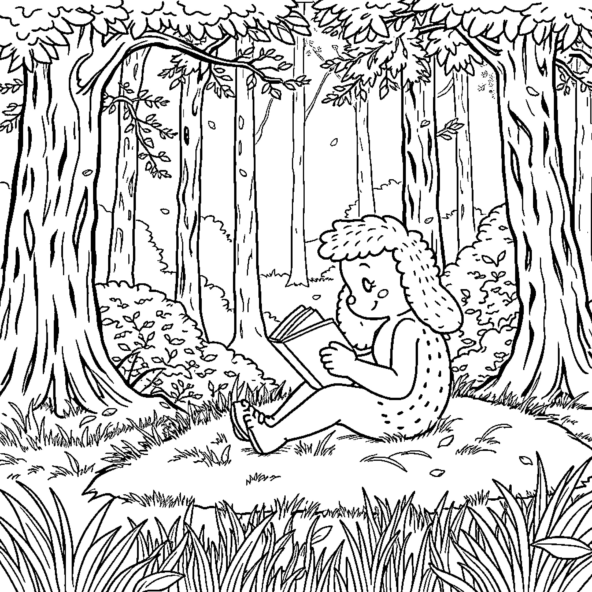 Nudeln reading a book in the enchanted forest Coloring Page (free black-and-white line drawing printable PDF for all, from beginners to advanced learners, including children, teens, adults, and seniors)