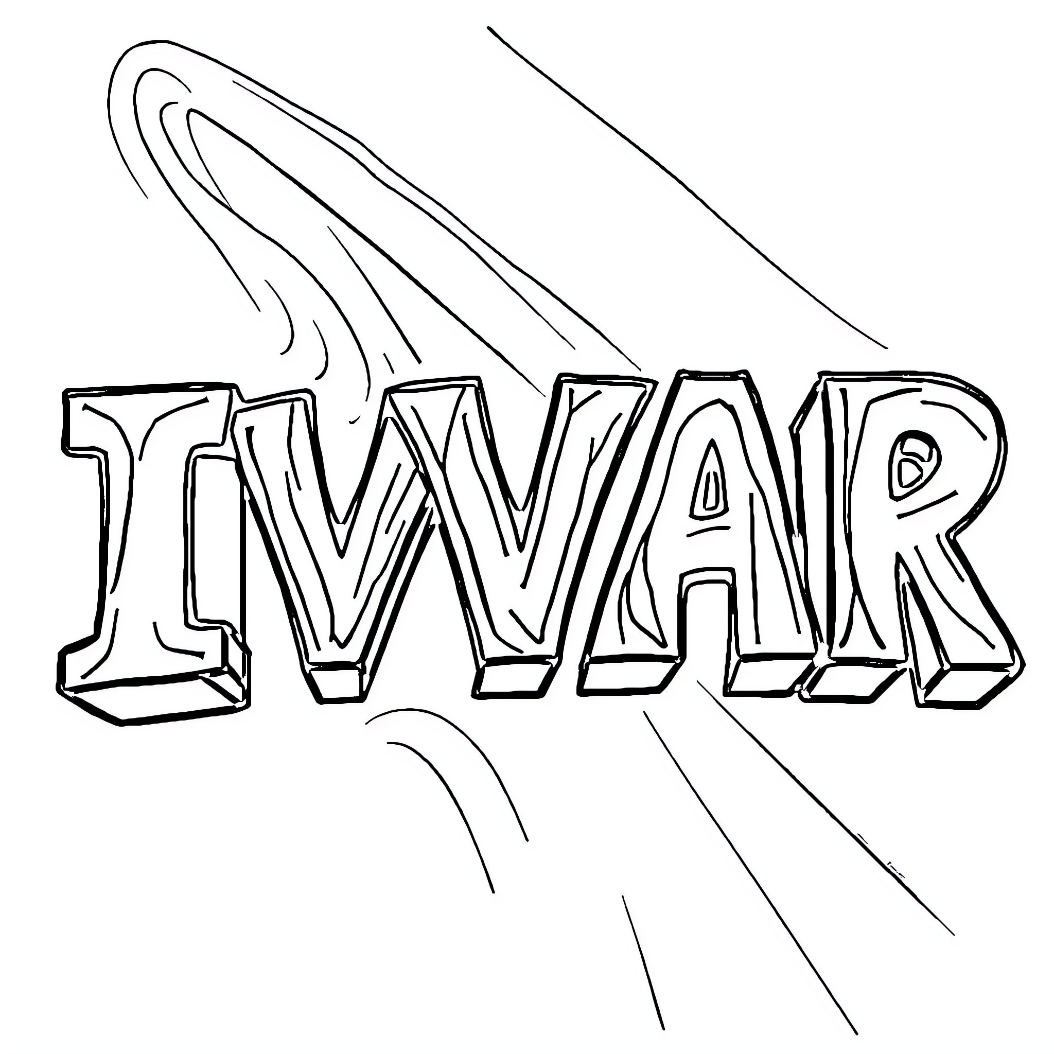 Ivar's Explosive Lettering Coloring Page (free black-and-white line drawing printable PDF for all, from beginners to advanced learners, including children, teens, adults, and seniors)