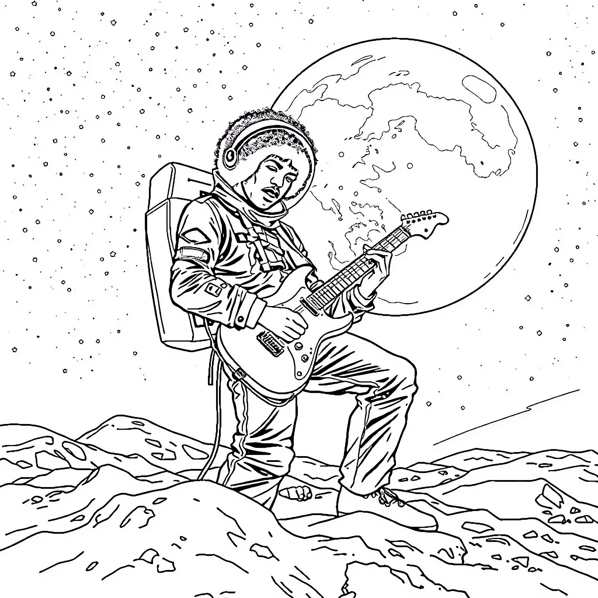 Jimmy Hendrix playing guitar on the moon Coloring Page (free black-and-white line drawing printable PDF for all, from beginners to advanced learners, including children, teens, adults, and seniors)