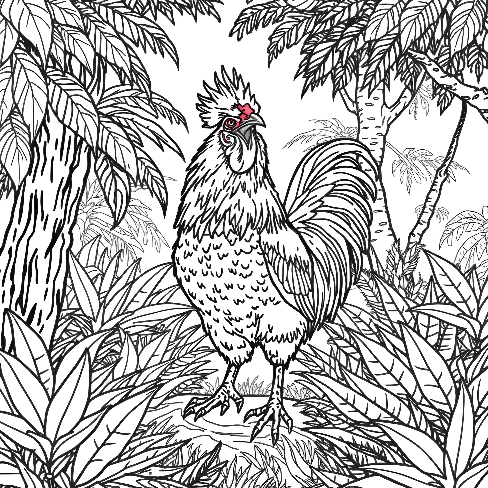 Chicken in a tropical jungle scene Coloring Page (free black-and-white line drawing printable PDF for all, from beginners to advanced learners, including children, teens, adults, and seniors)