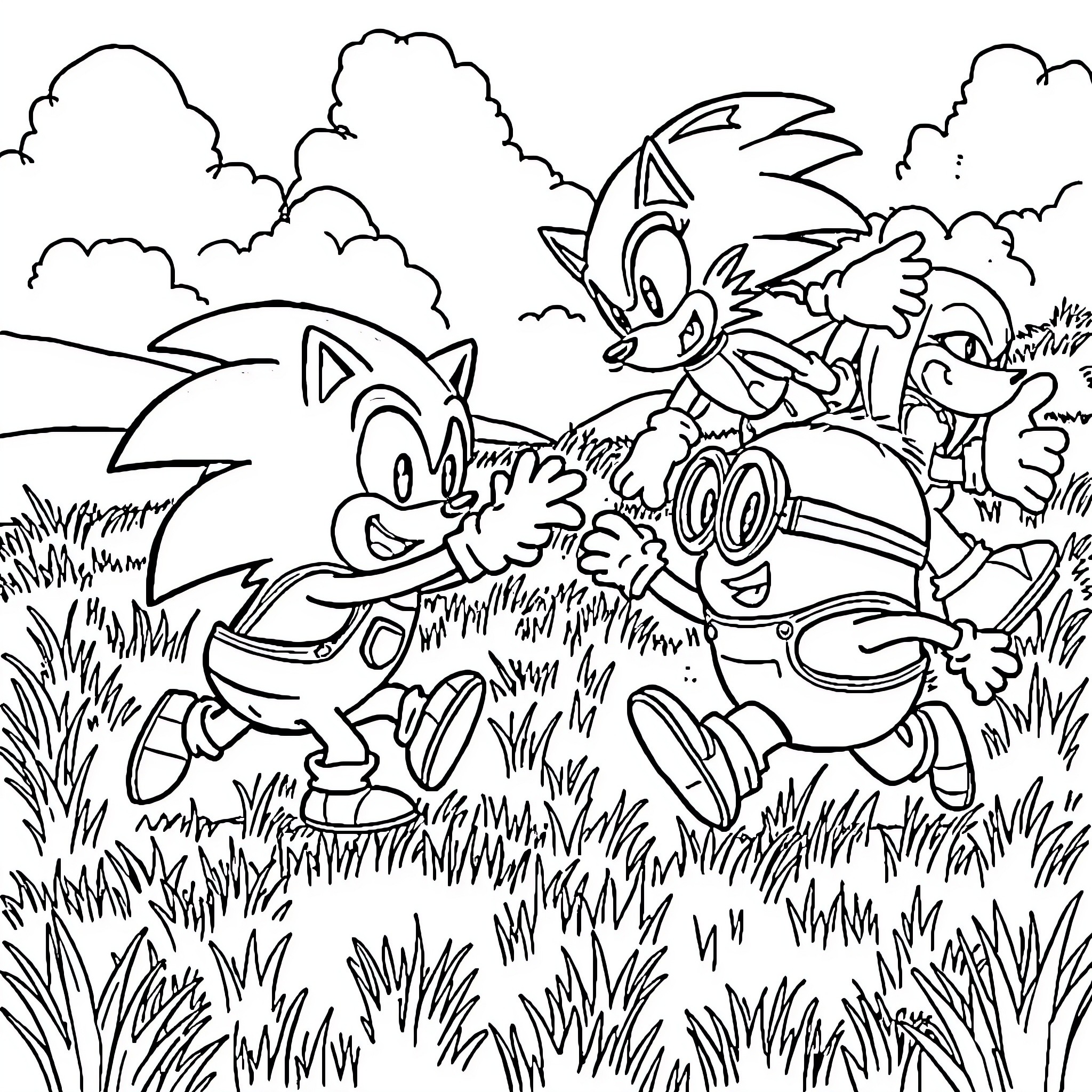 Minion characters in a playful outdoor scene Coloring Page (free black-and-white line drawing printable PDF for all, from beginners to advanced learners, including children, teens, adults, and seniors)