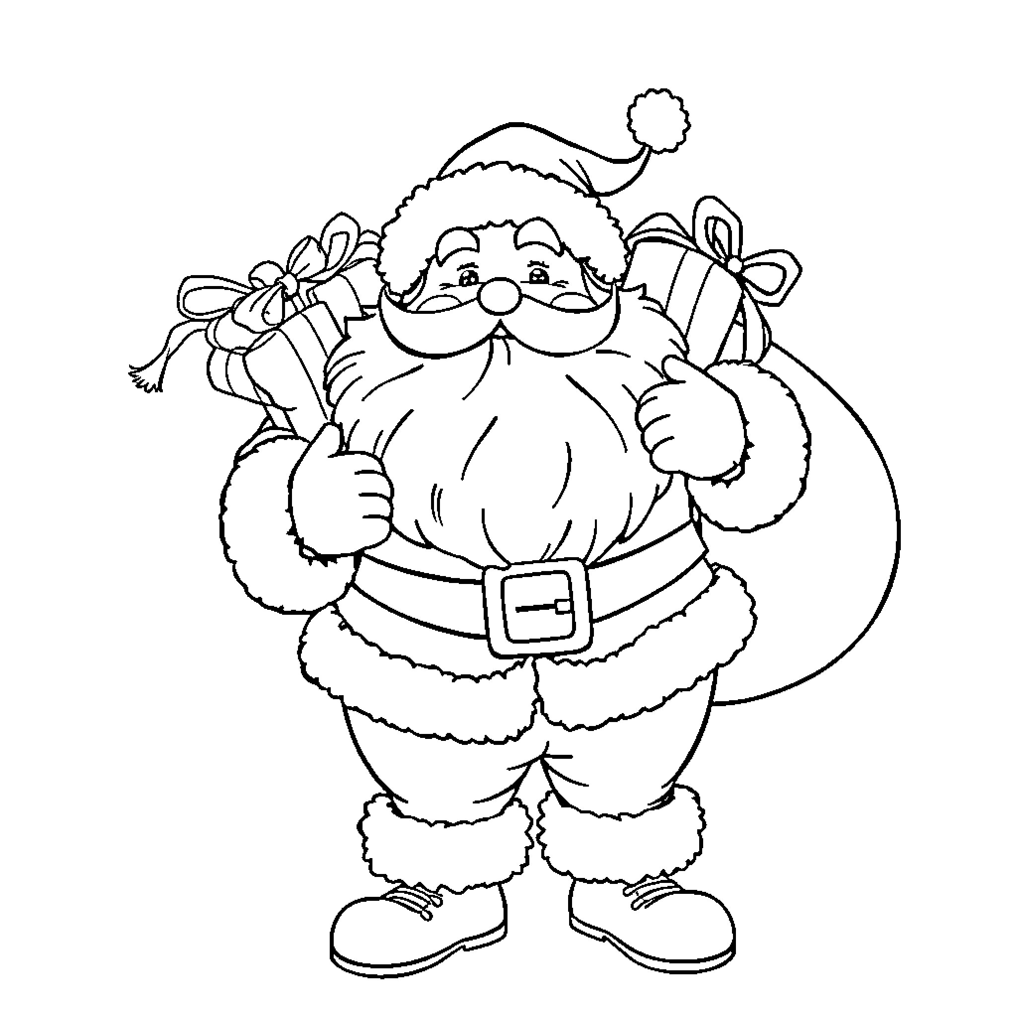 Santa Claus carrying gifts and smiling Coloring Page (free black-and-white line drawing printable PDF for all, from beginners to advanced learners, including children, teens, adults, and seniors)