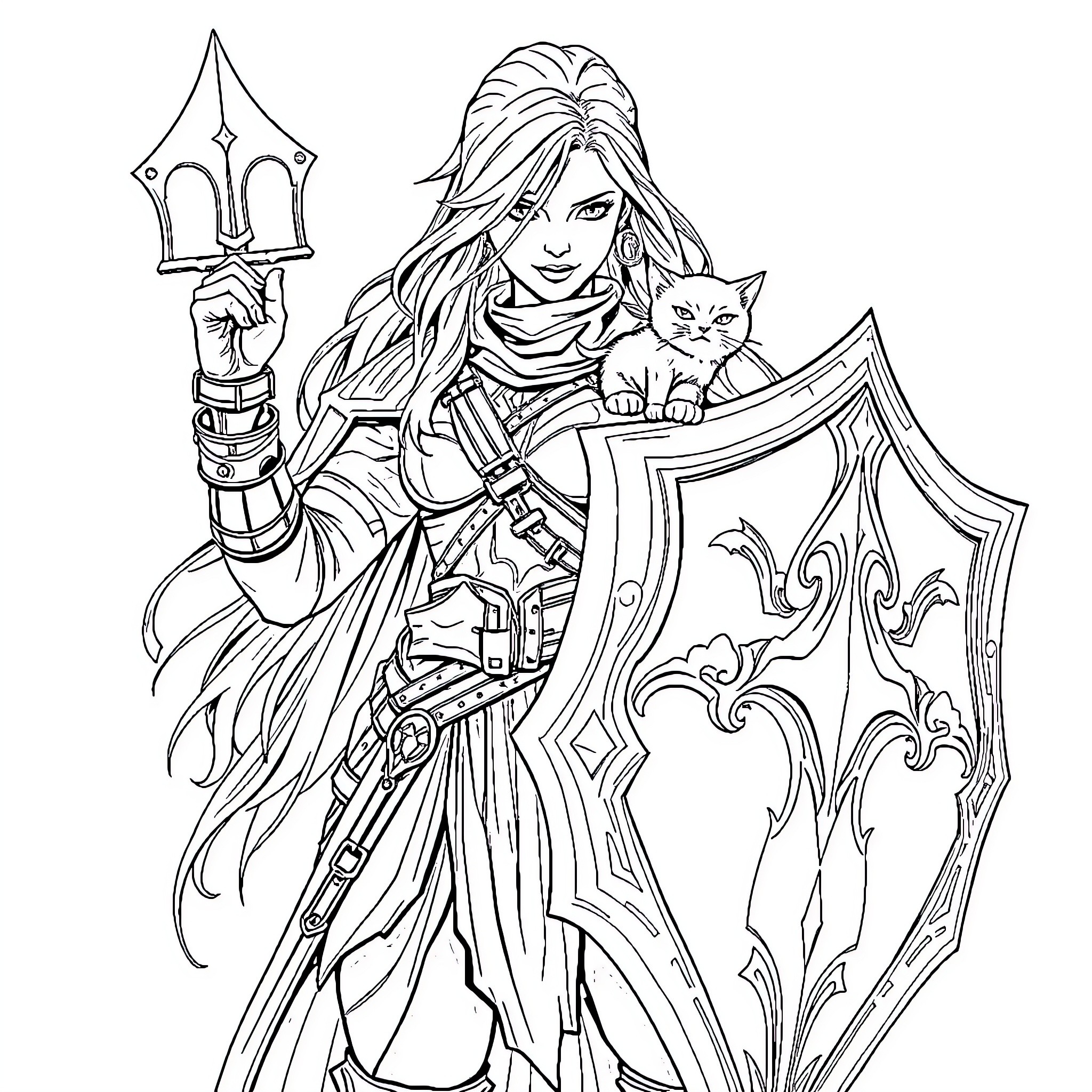 Warrior Maiden with Cat Companion Wielding Magical Staff Coloring Page (free black-and-white line drawing printable PDF for all, from beginners to advanced learners, including children, teens, adults, and seniors)