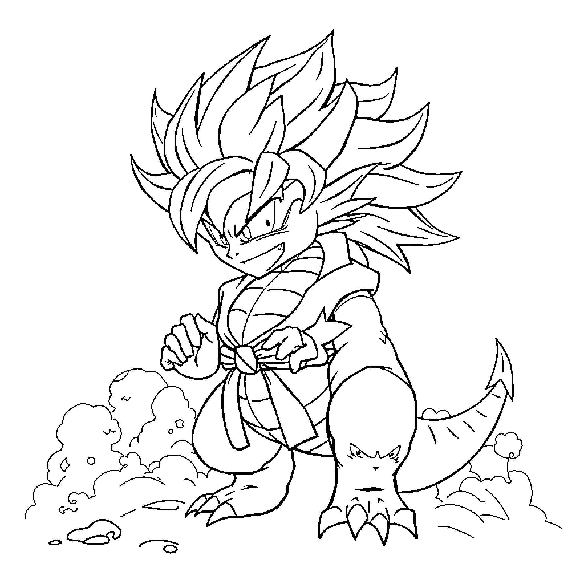 Dragonball character fighting with energy attacks Coloring Page (free black-and-white line drawing printable PDF for all, from beginners to advanced learners, including children, teens, adults, and seniors)