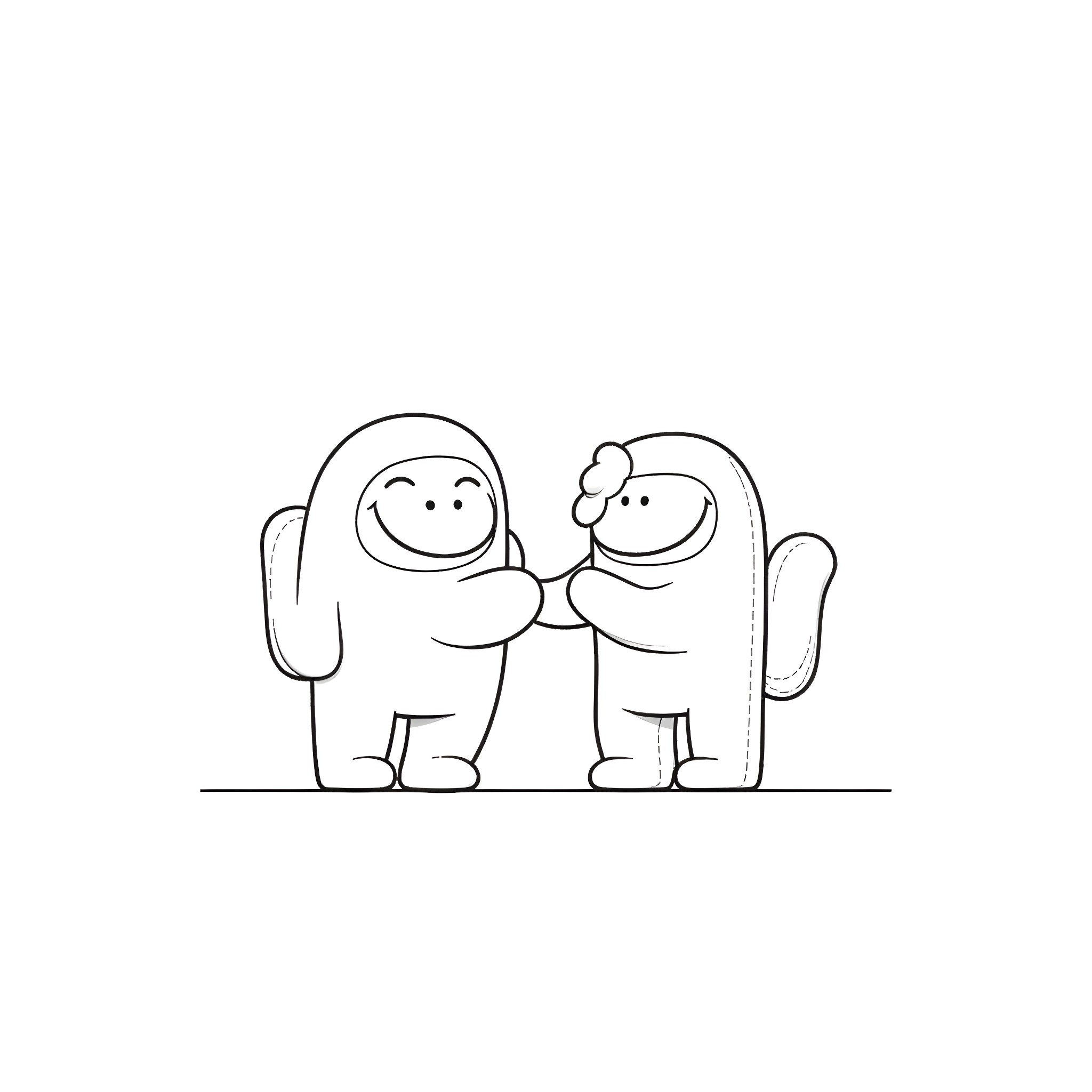 Among Us Characters Greeting Each Other Coloring Page (free black-and-white line drawing printable PDF for all, from beginners to advanced learners, including children, teens, adults, and seniors)