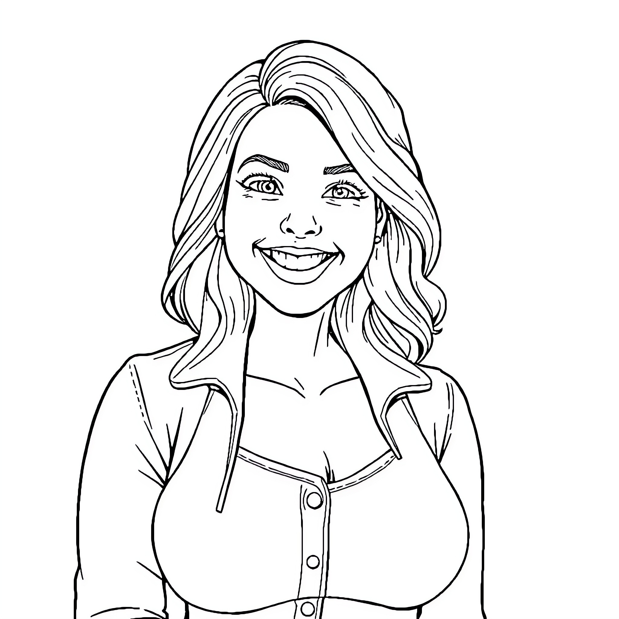 Femme Smiling Brightly in Casual Attire Coloring Page (free black-and-white line drawing printable PDF for all, from beginners to advanced learners, including children, teens, adults, and seniors)
