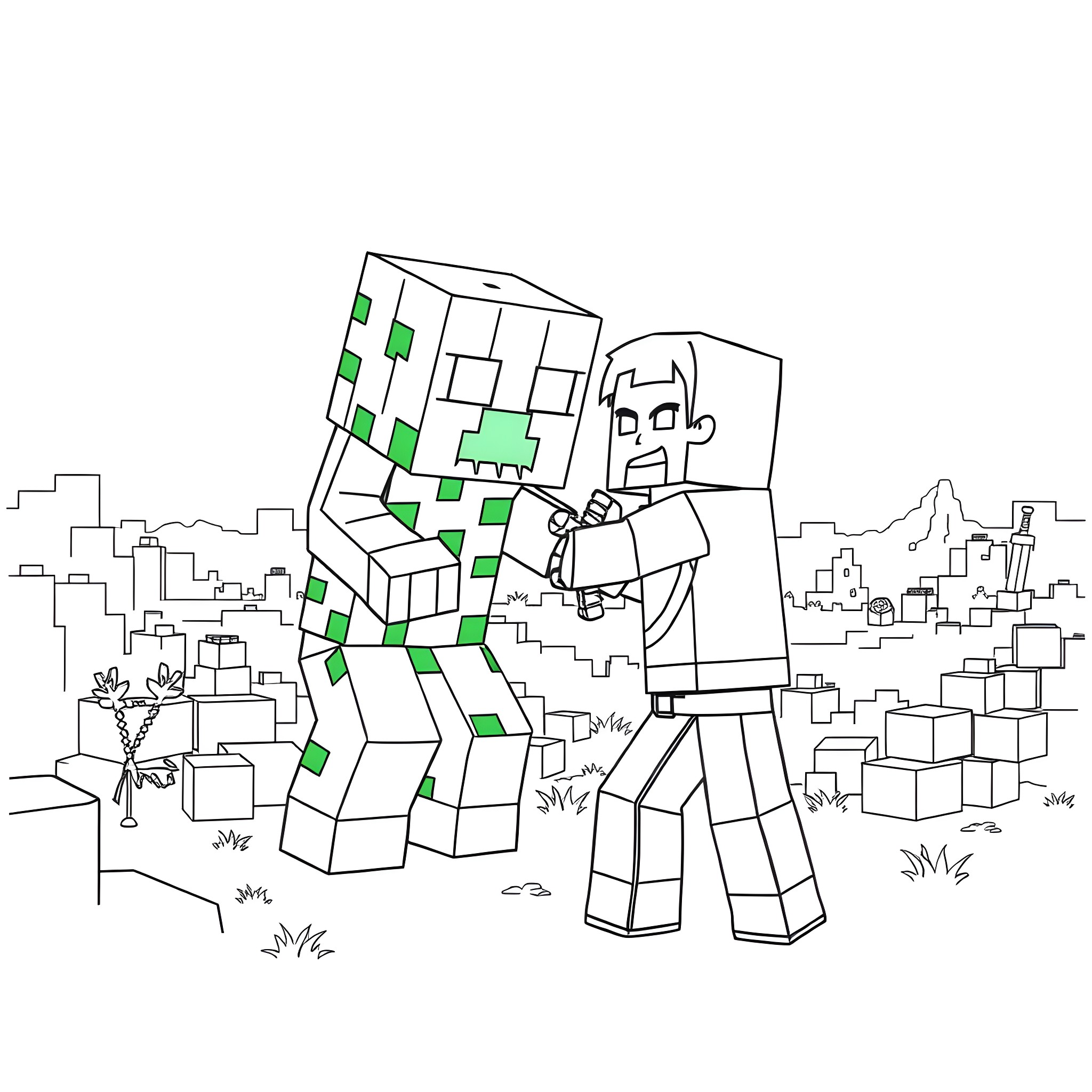 Creeper infiltrating the Minecraft world Coloring Page (free black-and-white line drawing printable PDF for all, from beginners to advanced learners, including children, teens, adults, and seniors)