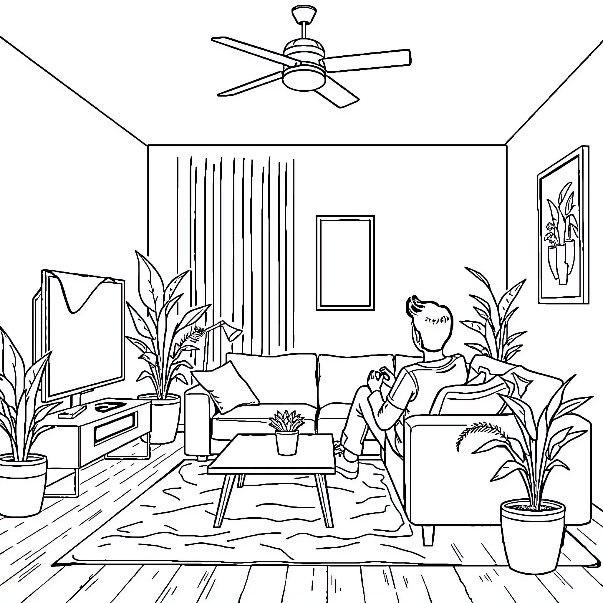 Living Room with Relaxed People Enjoying Activities Coloring Page (free black-and-white line drawing printable PDF for all, from beginners to advanced learners, including children, teens, adults, and seniors)