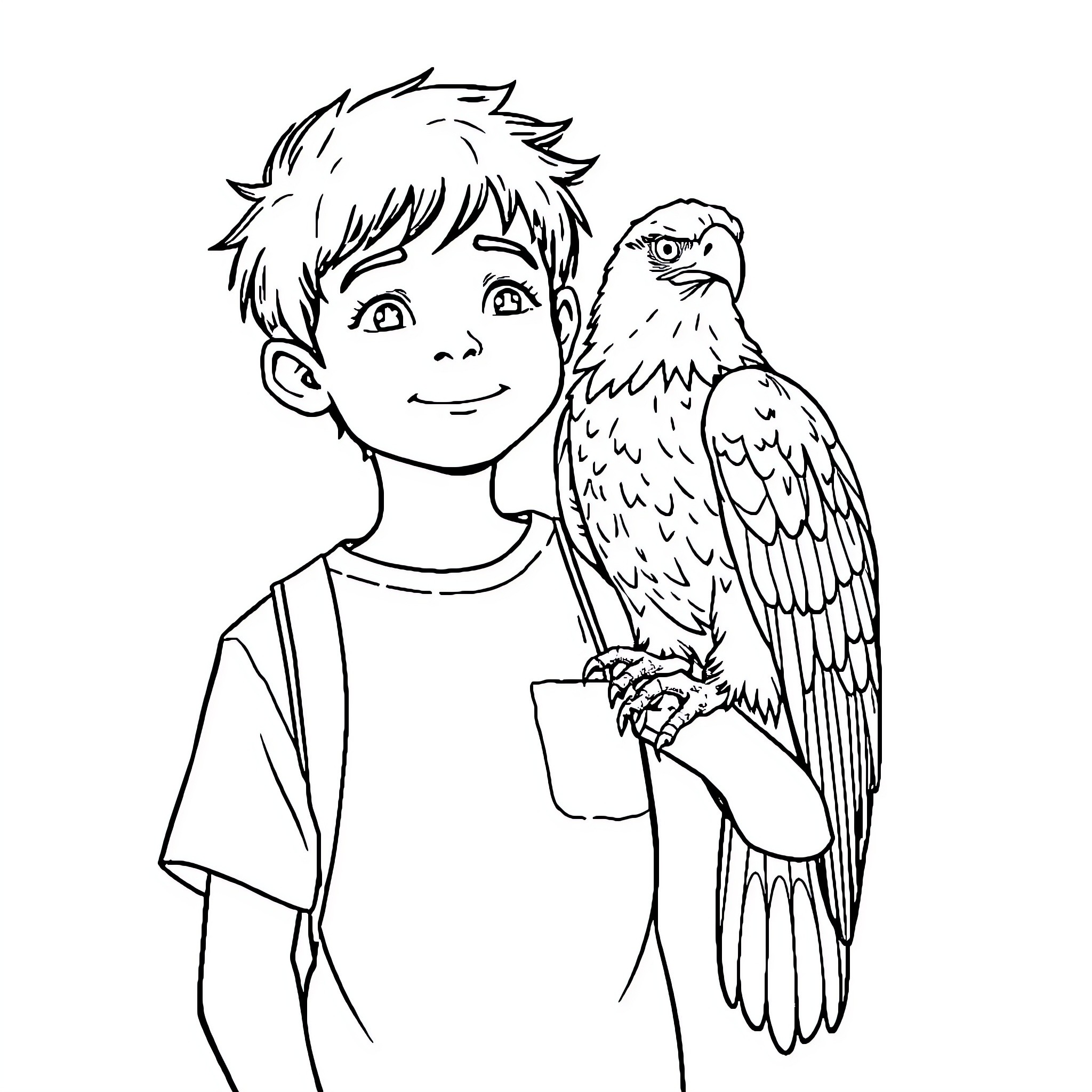 Boy and his Feathered Friend Coloring Page (free black-and-white line drawing printable PDF for all, from beginners to advanced learners, including children, teens, adults, and seniors)