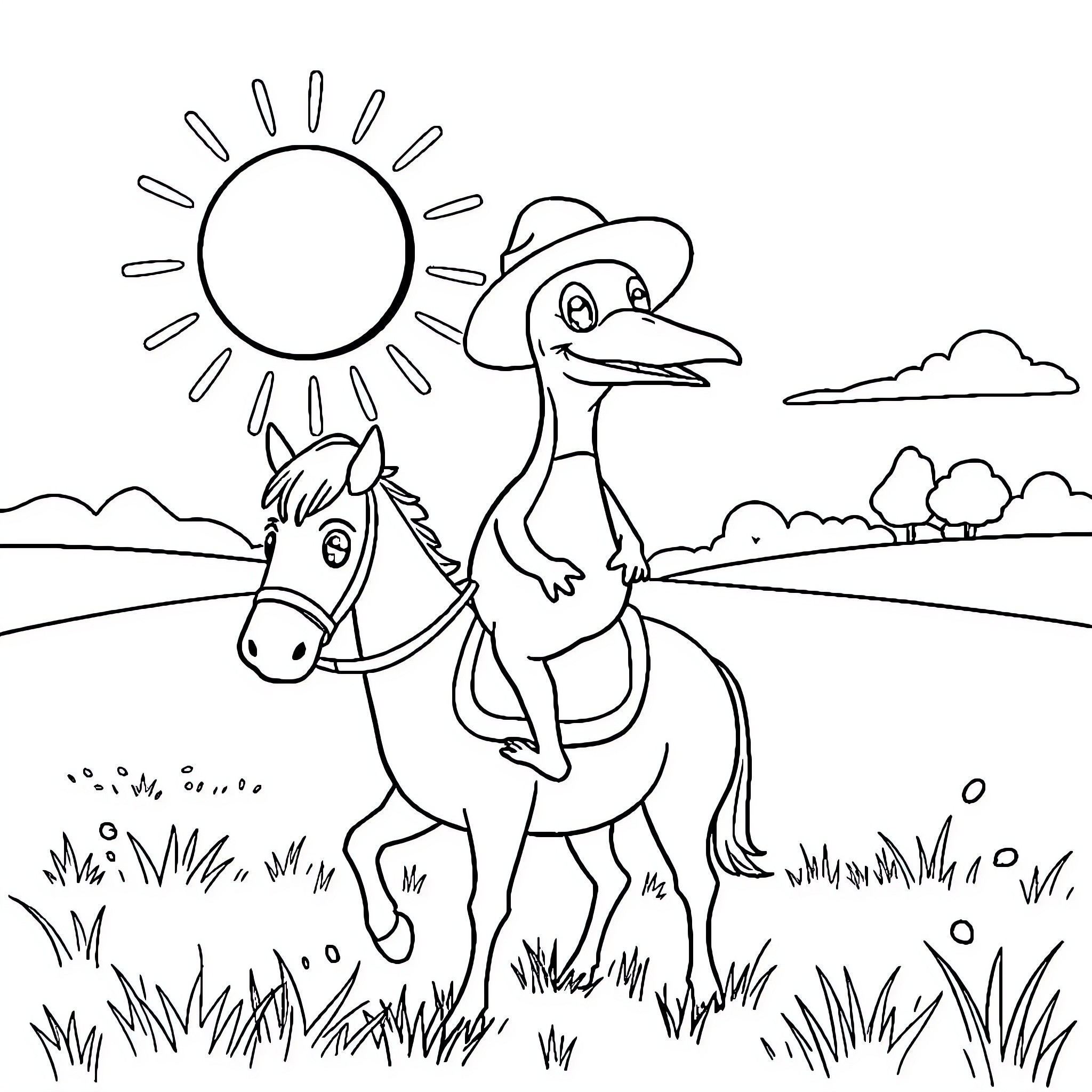 Perry's Playful Ride on a Sunny Day Coloring Page (free black-and-white line drawing printable PDF for all, from beginners to advanced learners, including children, teens, adults, and seniors)