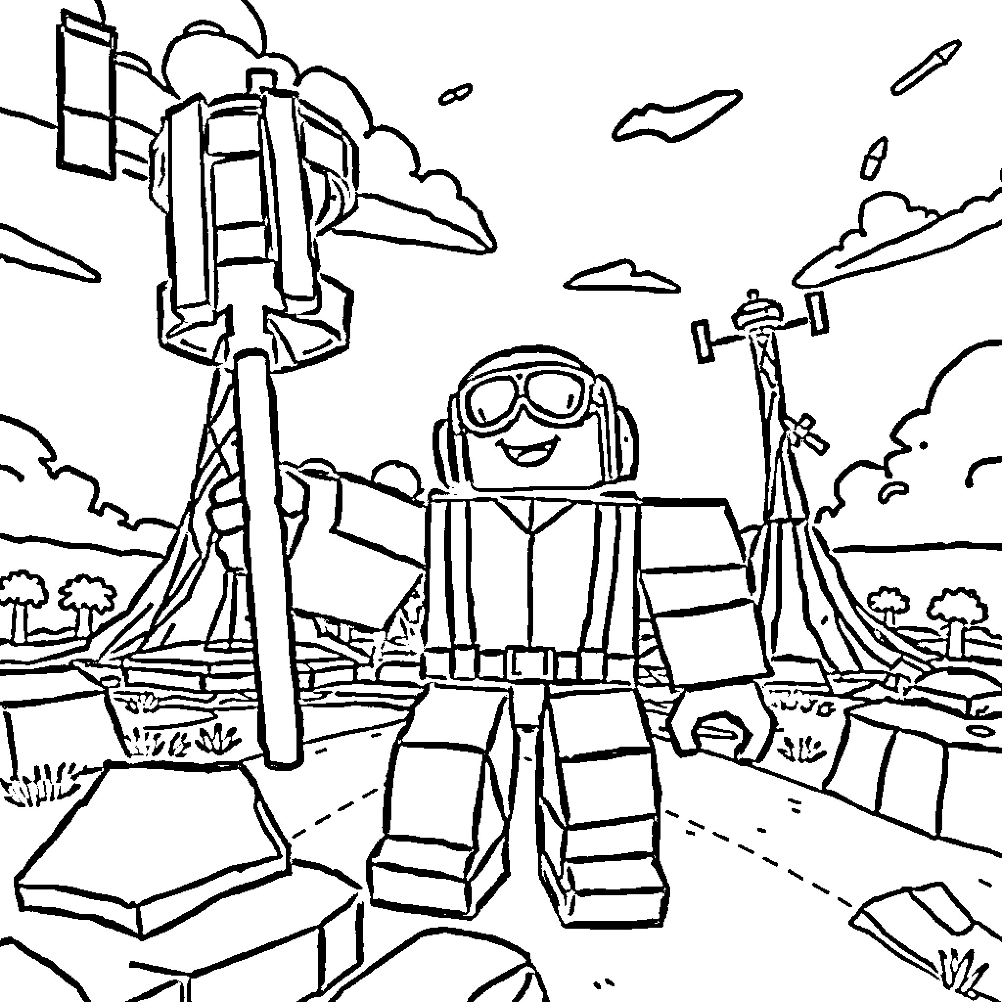 Roblox character exploring futuristic sci-fi landscape Coloring Page (free black-and-white line drawing printable PDF for all, from beginners to advanced learners, including children, teens, adults, and seniors)