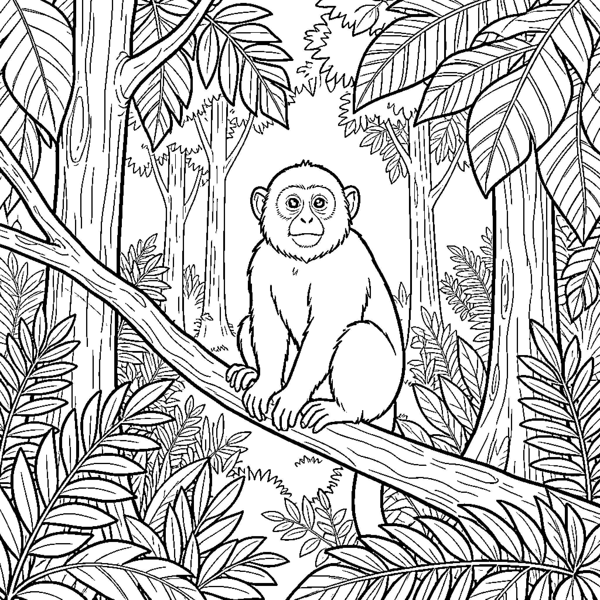 Capuchin Monkey sitting on a branch in the jungle Coloring Page (free black-and-white line drawing printable PDF for all, from beginners to advanced learners, including children, teens, adults, and seniors)