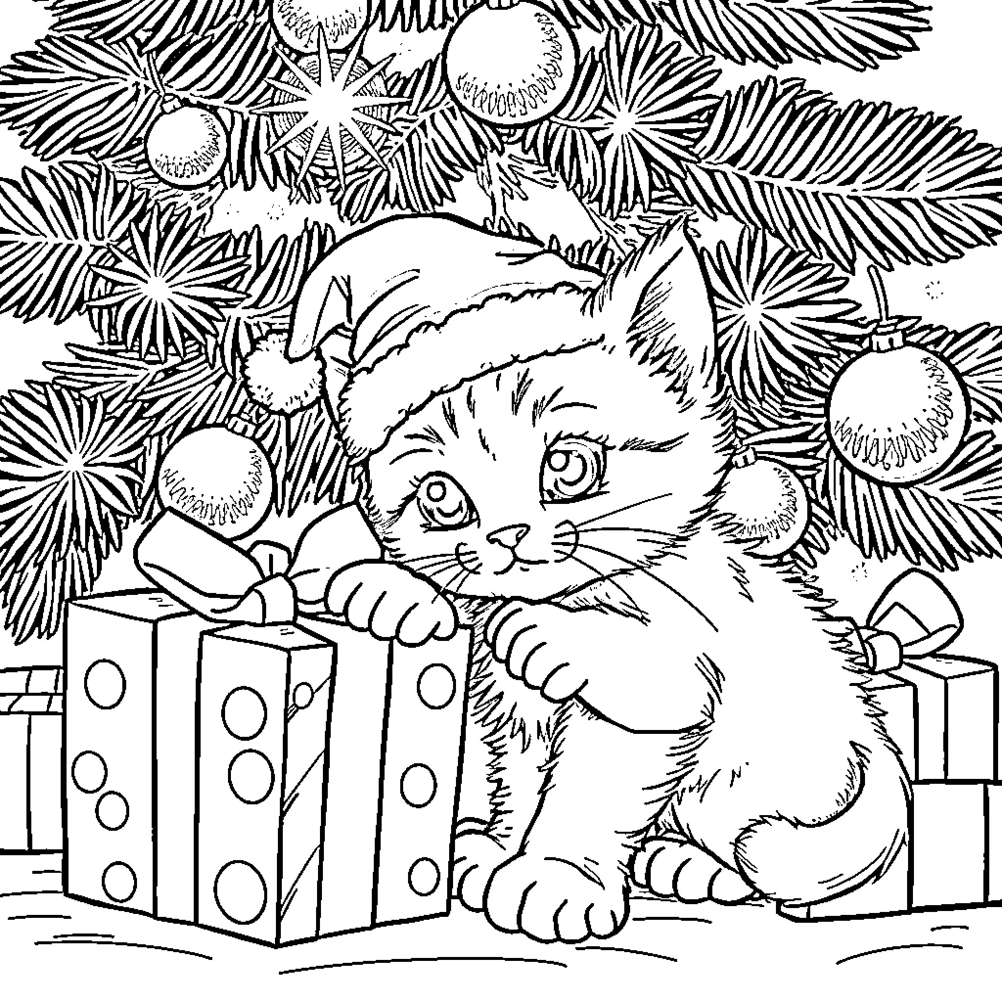 Kitten Playing with Christmas Gifts Coloring Page (free black-and-white line drawing printable PDF for all, from beginners to advanced learners, including children, teens, adults, and seniors)