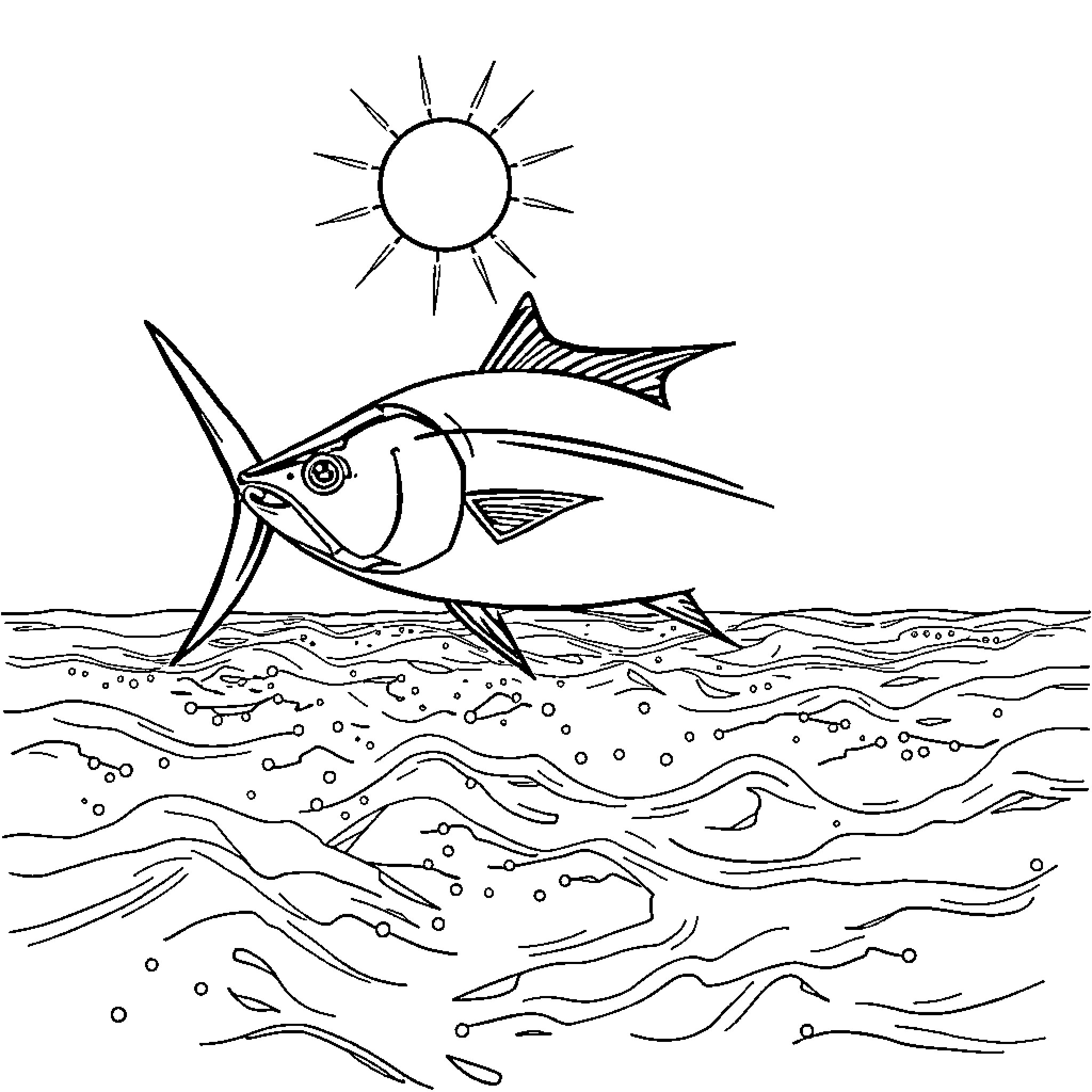 Tuna swimming in the ocean under the sun Coloring Page (free black-and-white line drawing printable PDF for all, from beginners to advanced learners, including children, teens, adults, and seniors)