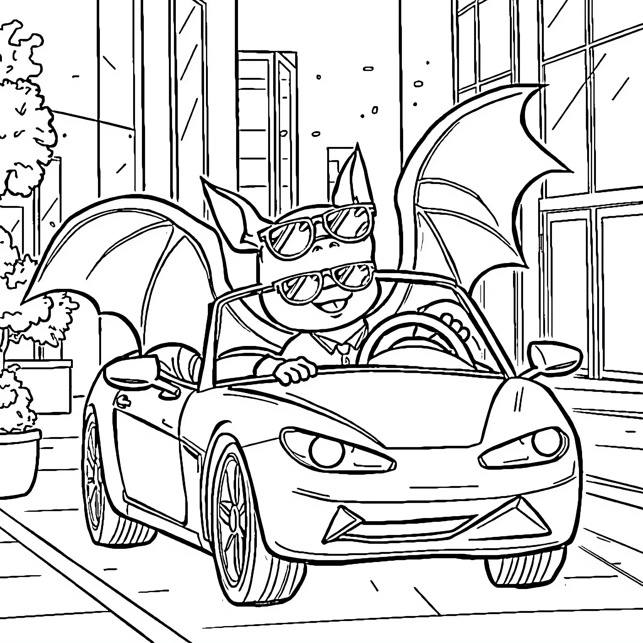Bat riding a cool car on the city street Coloring Page (free black-and-white line drawing printable PDF for all, from beginners to advanced learners, including children, teens, adults, and seniors)