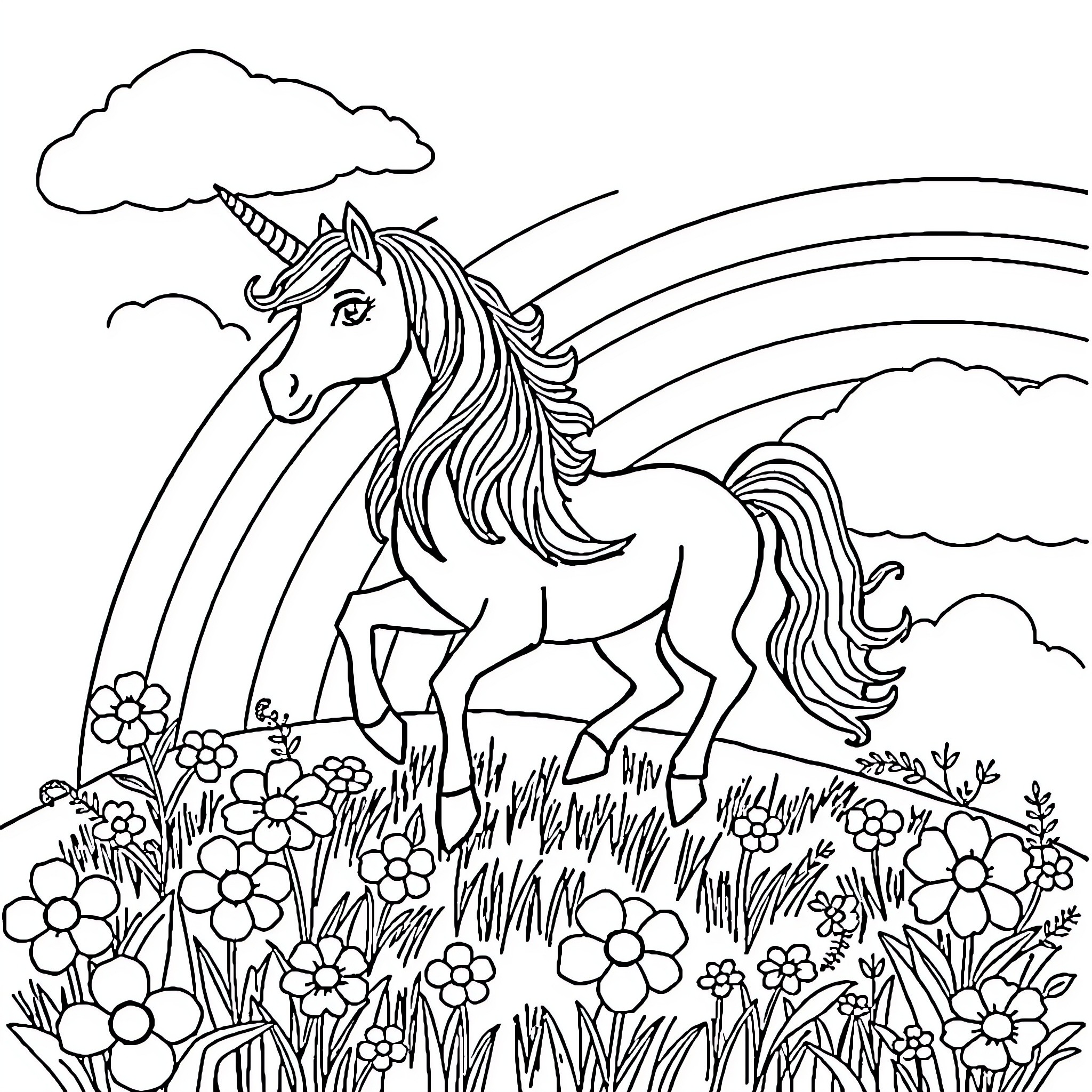 Unicorn walking through a flowery meadow under a rainbow Coloring Page (free black-and-white line drawing printable PDF for all, from beginners to advanced learners, including children, teens, adults, and seniors)