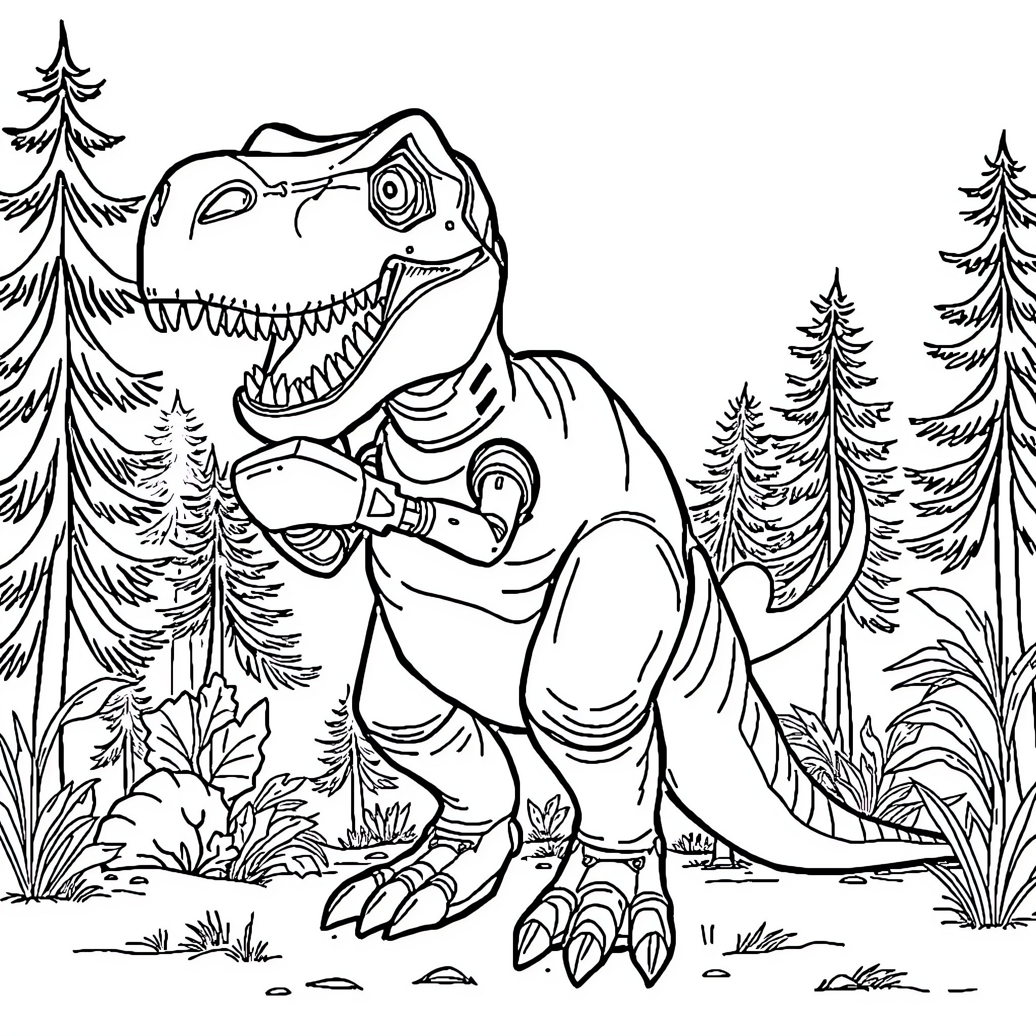 Dinosaur roaring in the forest Coloring Page (free black-and-white line drawing printable PDF for all, from beginners to advanced learners, including children, teens, adults, and seniors)