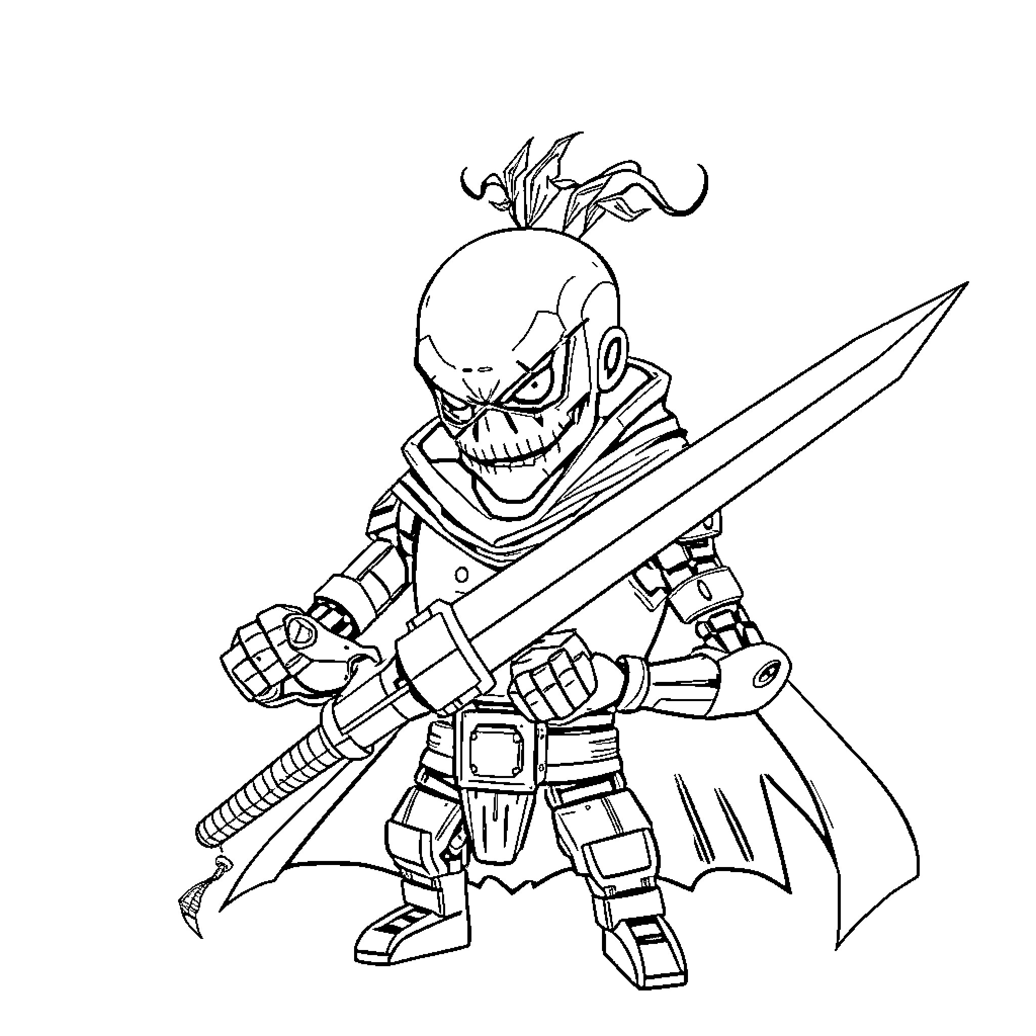 Assassin Warrior with Deadly Blades and Menacing Expression Coloring Page (free black-and-white line drawing printable PDF for all, from beginners to advanced learners, including children, teens, adults, and seniors)