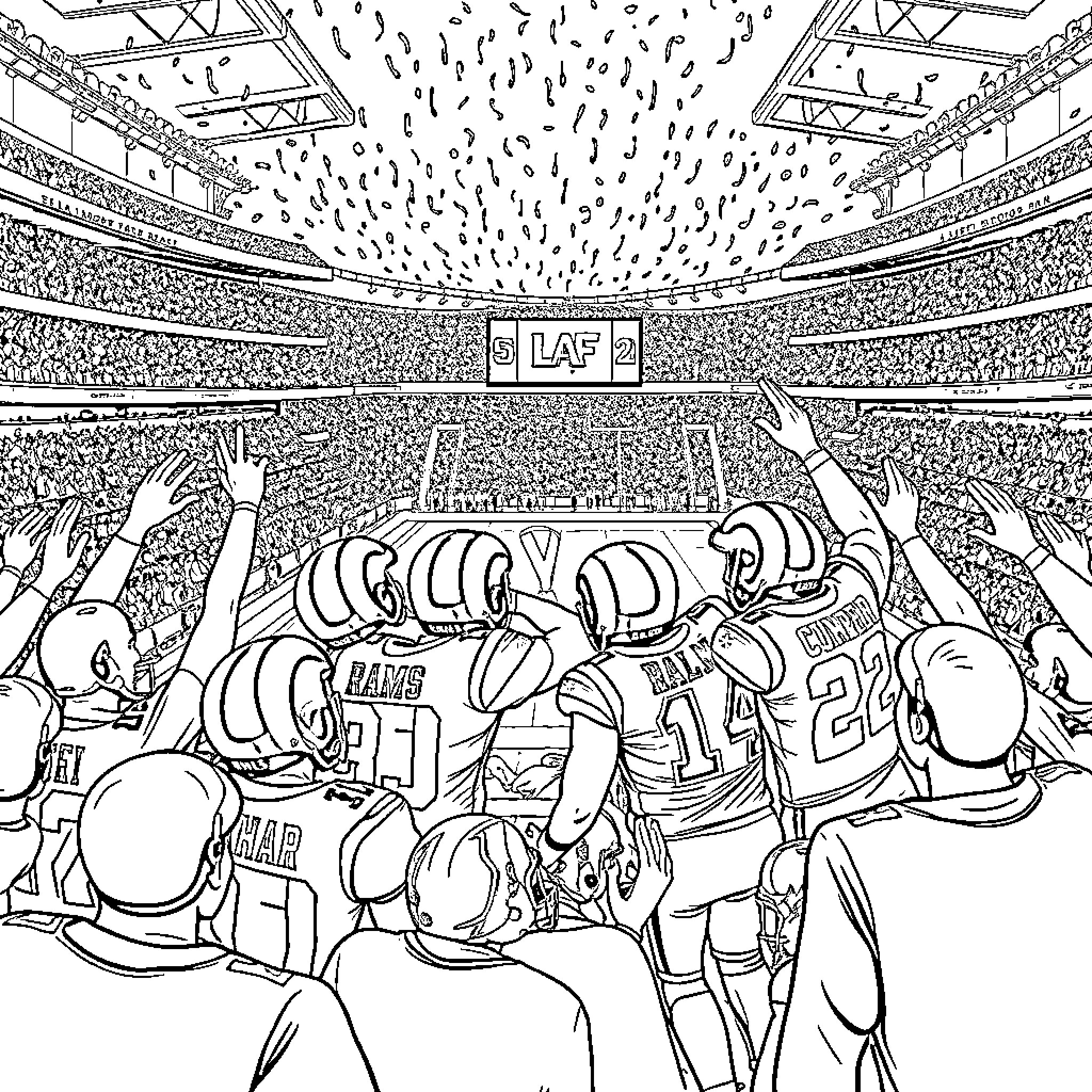 LA Rams players celebrating victory on the field Coloring Page (free black-and-white line drawing printable PDF for all, from beginners to advanced learners, including children, teens, adults, and seniors)