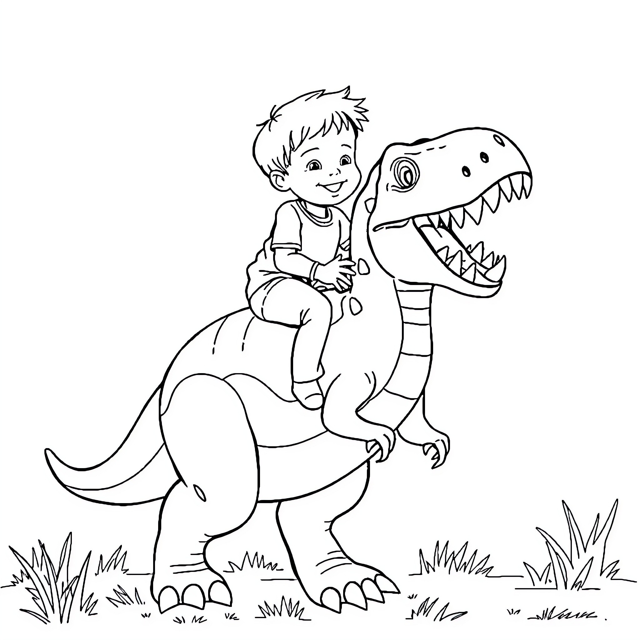 Boy riding a playful dinosaur in the park Coloring Page (free black-and-white line drawing printable PDF for all, from beginners to advanced learners, including children, teens, adults, and seniors)