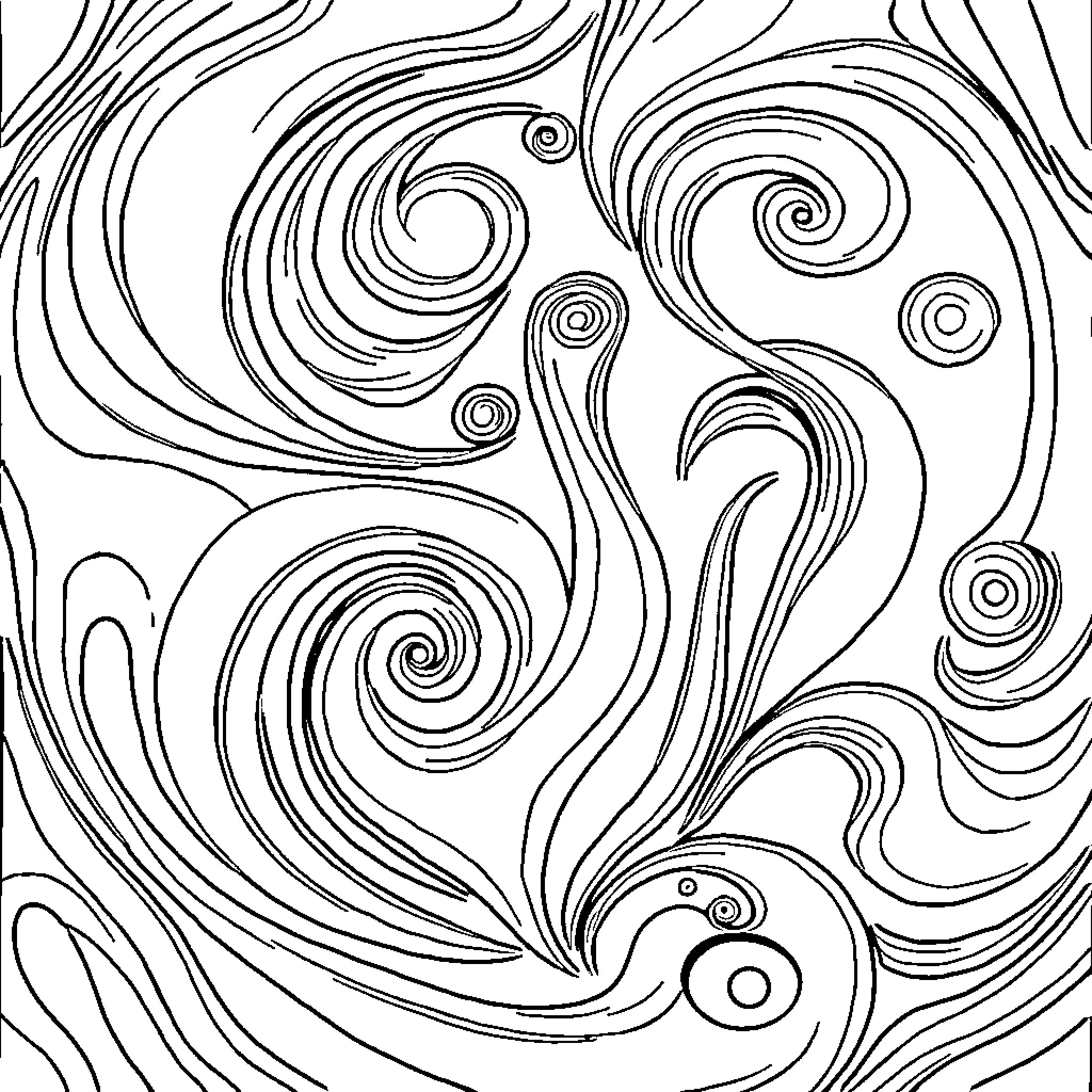 Abstract Swirling Shapes and Patterns Coloring Page (free black-and-white line drawing printable PDF for all, from beginners to advanced learners, including children, teens, adults, and seniors)