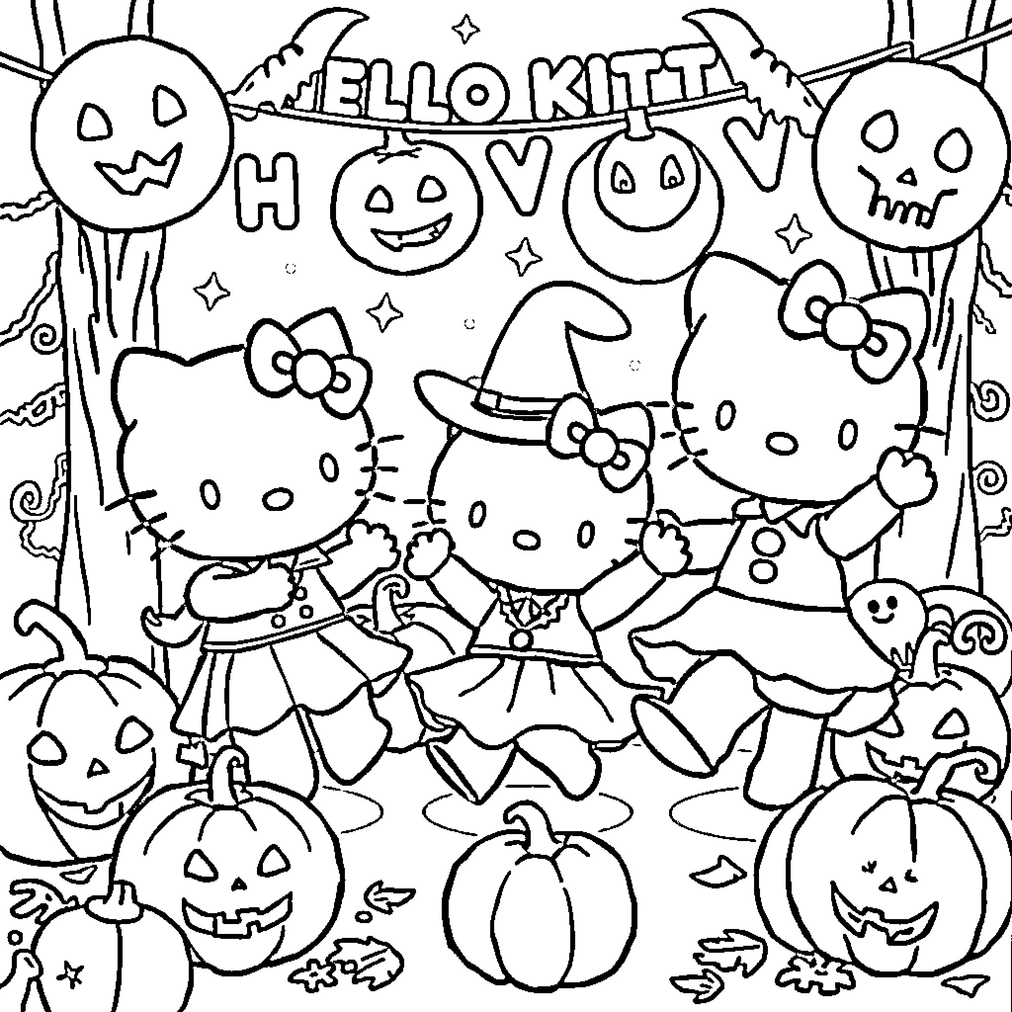 Hello Kitty and Friends' Halloween Party Coloring Page (free black-and-white line drawing printable PDF for all, from beginners to advanced learners, including children, teens, adults, and seniors)
