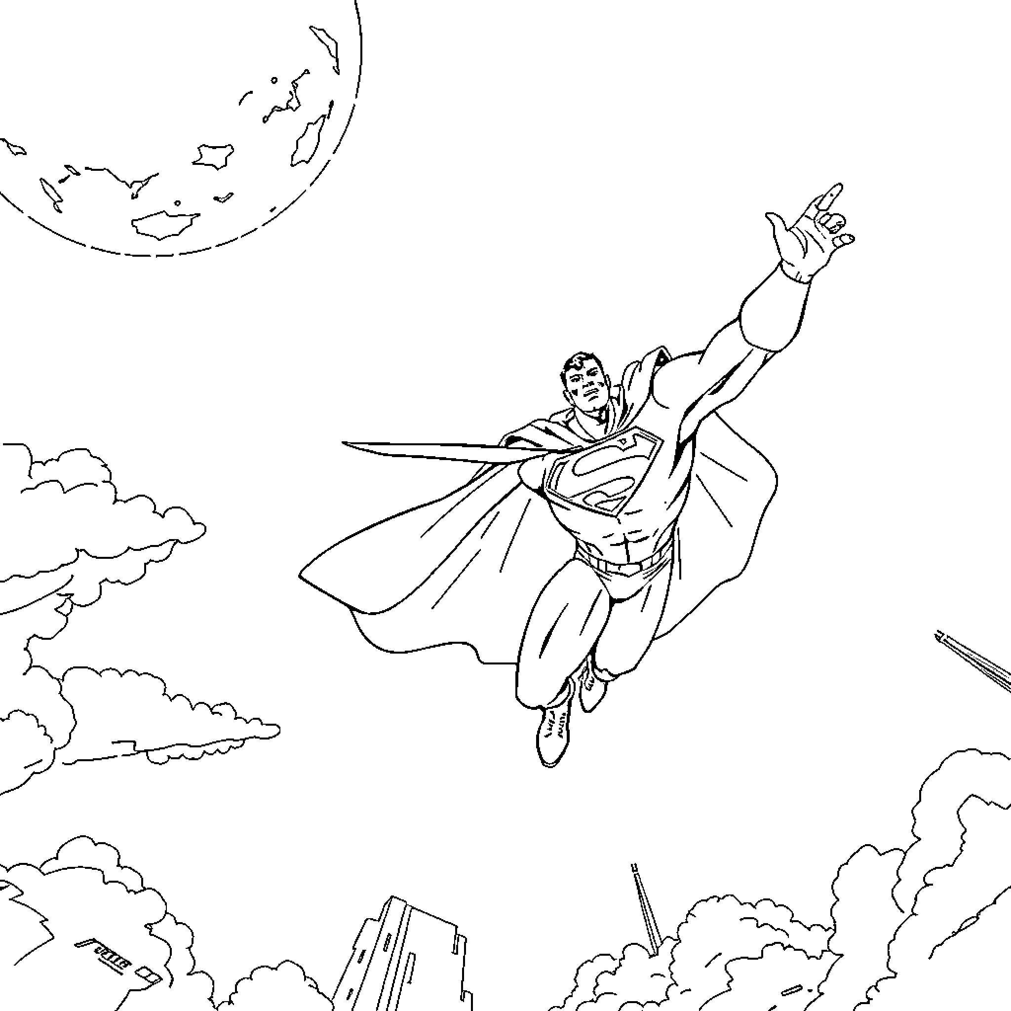 Superman soaring through the sky heroically Coloring Page (free black-and-white line drawing printable PDF for all, from beginners to advanced learners, including children, teens, adults, and seniors)