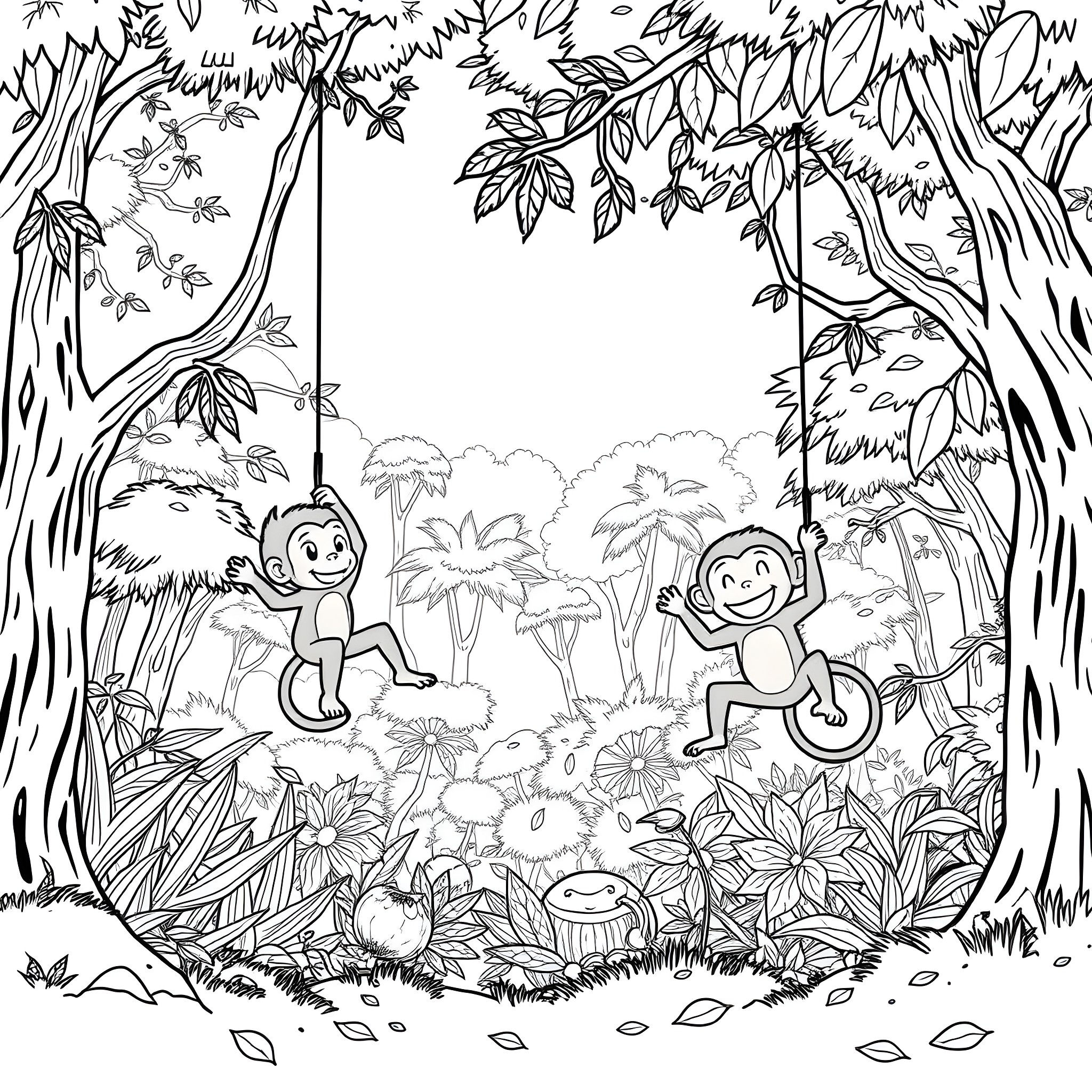 Monkeys playing joyfully in the lush jungle Coloring Page (free black-and-white line drawing printable PDF for all, from beginners to advanced learners, including children, teens, adults, and seniors)