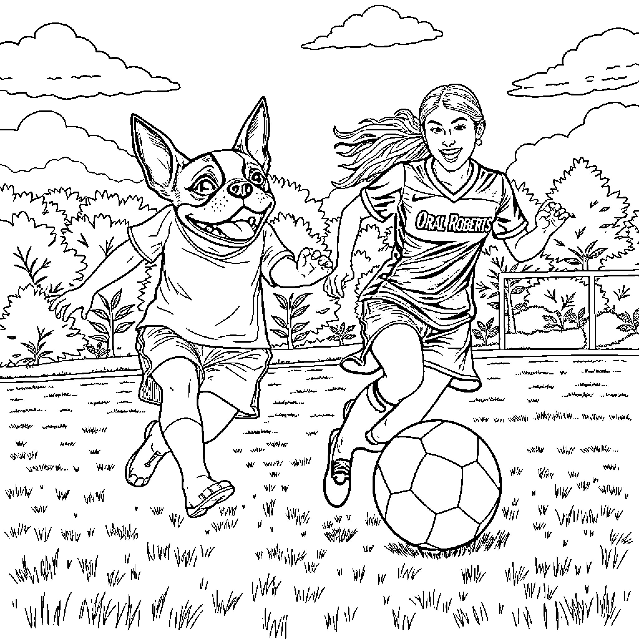 Boston Terrier Enjoying Outdoor Adventure with Soccer Player Coloring Page (free black-and-white line drawing printable PDF for all, from beginners to advanced learners, including children, teens, adults, and seniors)