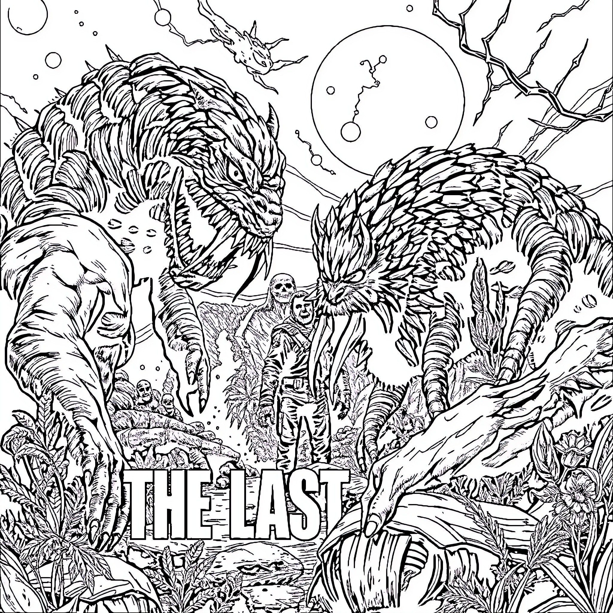 The Last Of Us: Survivors in a Desolate Landscape Coloring Page (free black-and-white line drawing printable PDF for all, from beginners to advanced learners, including children, teens, adults, and seniors)