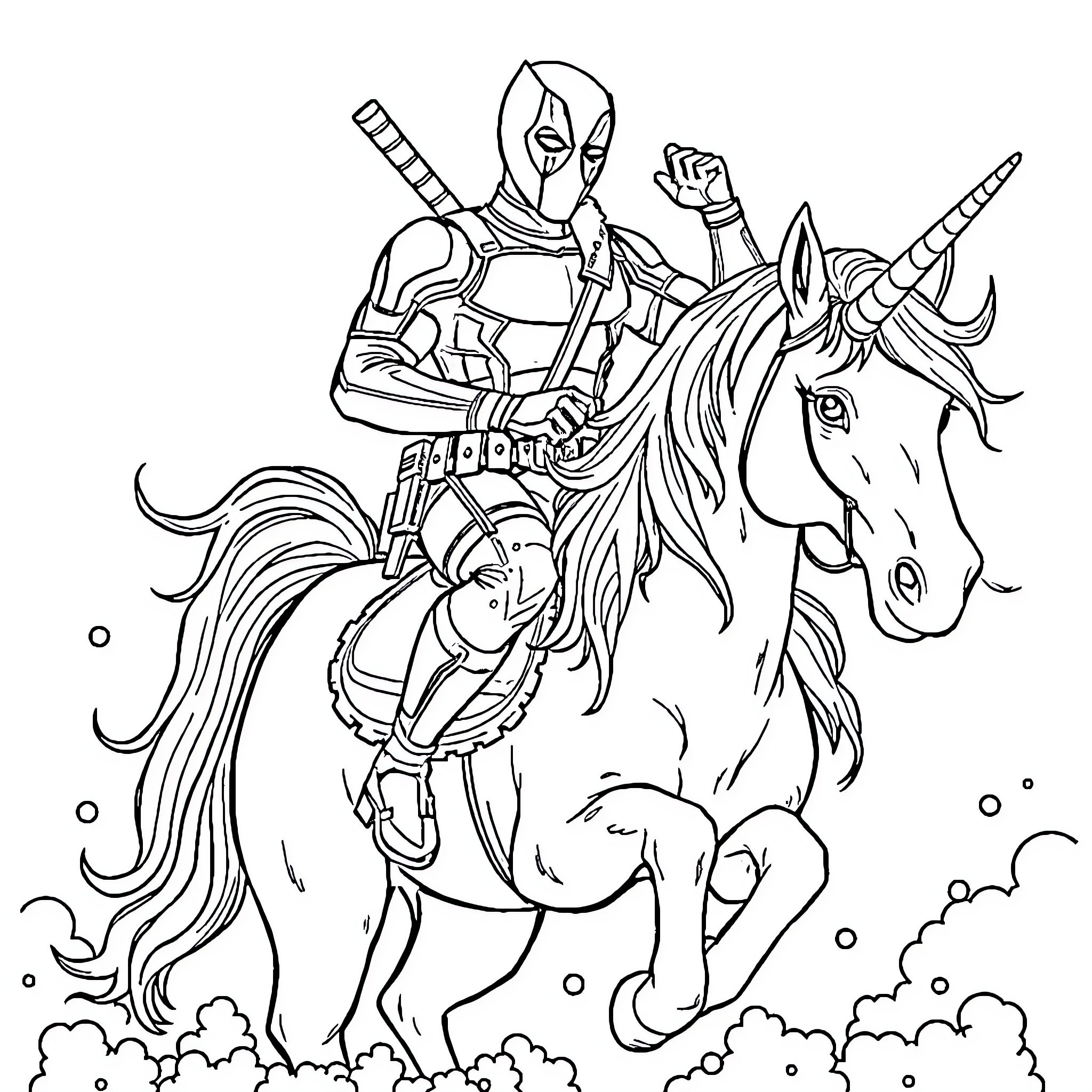 Deadpool Riding a Majestic Unicorn into Battle Coloring Page (free black-and-white line drawing printable PDF for all, from beginners to advanced learners, including children, teens, adults, and seniors)